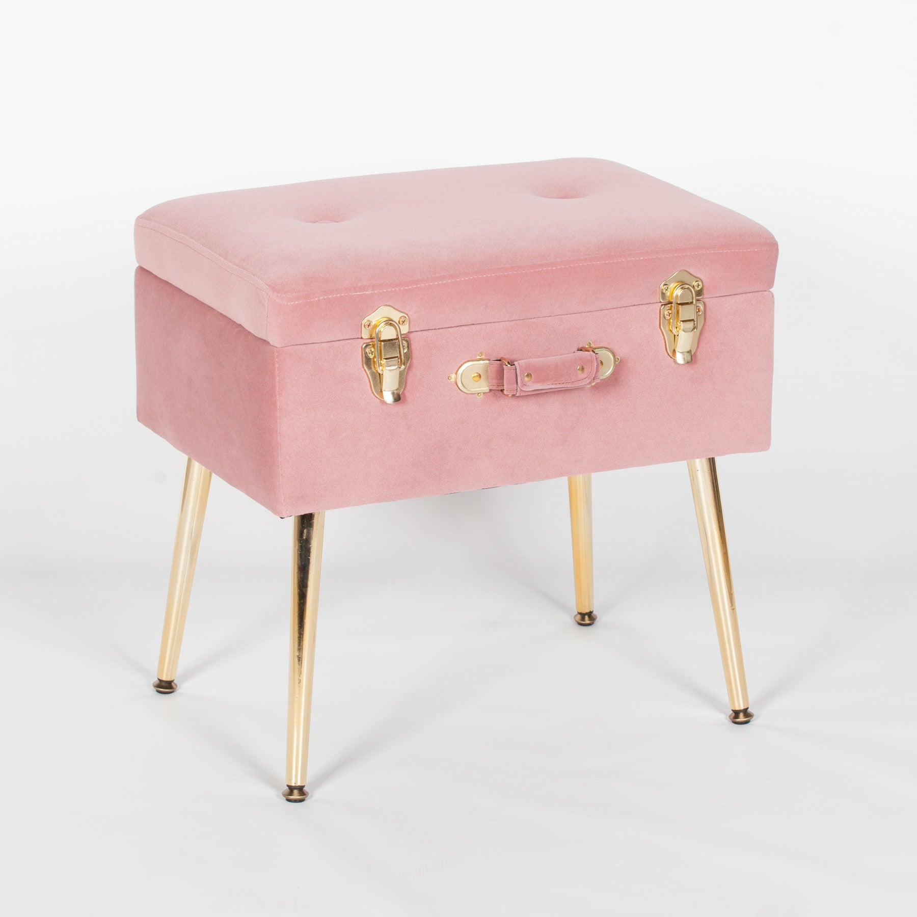 Art Deco Style Pink Velvet Suitcase Stool with Gold Legs