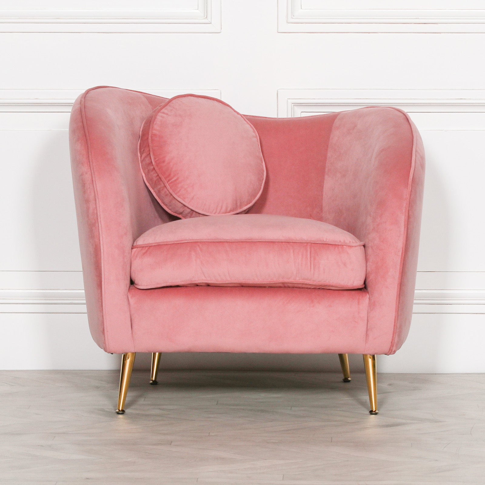 Art Deco Style Pink Velvet Armchair With Cushion And Gold Plated Legs