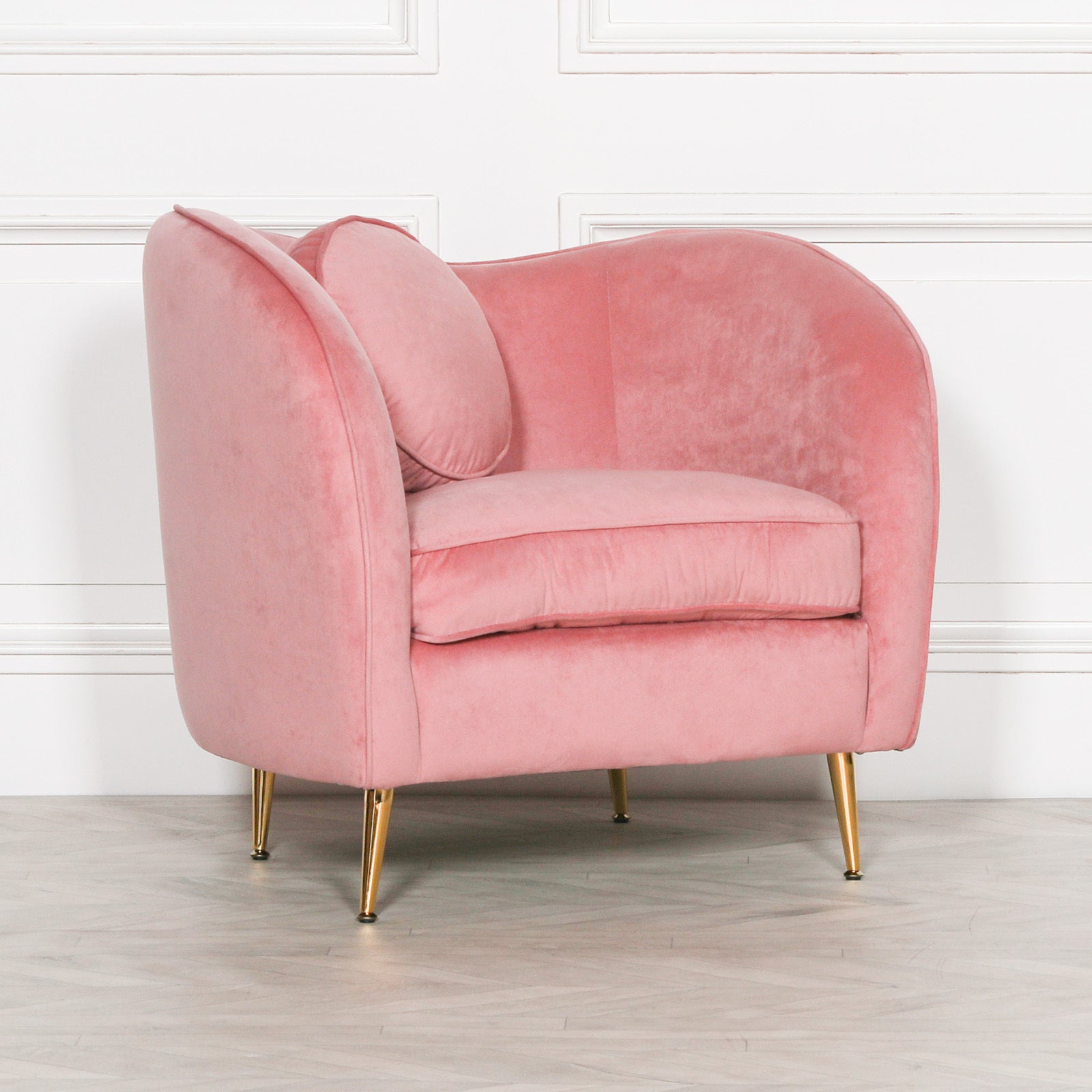 Art Deco Style Pink Velvet Armchair With Cushion And Gold Plated Legs