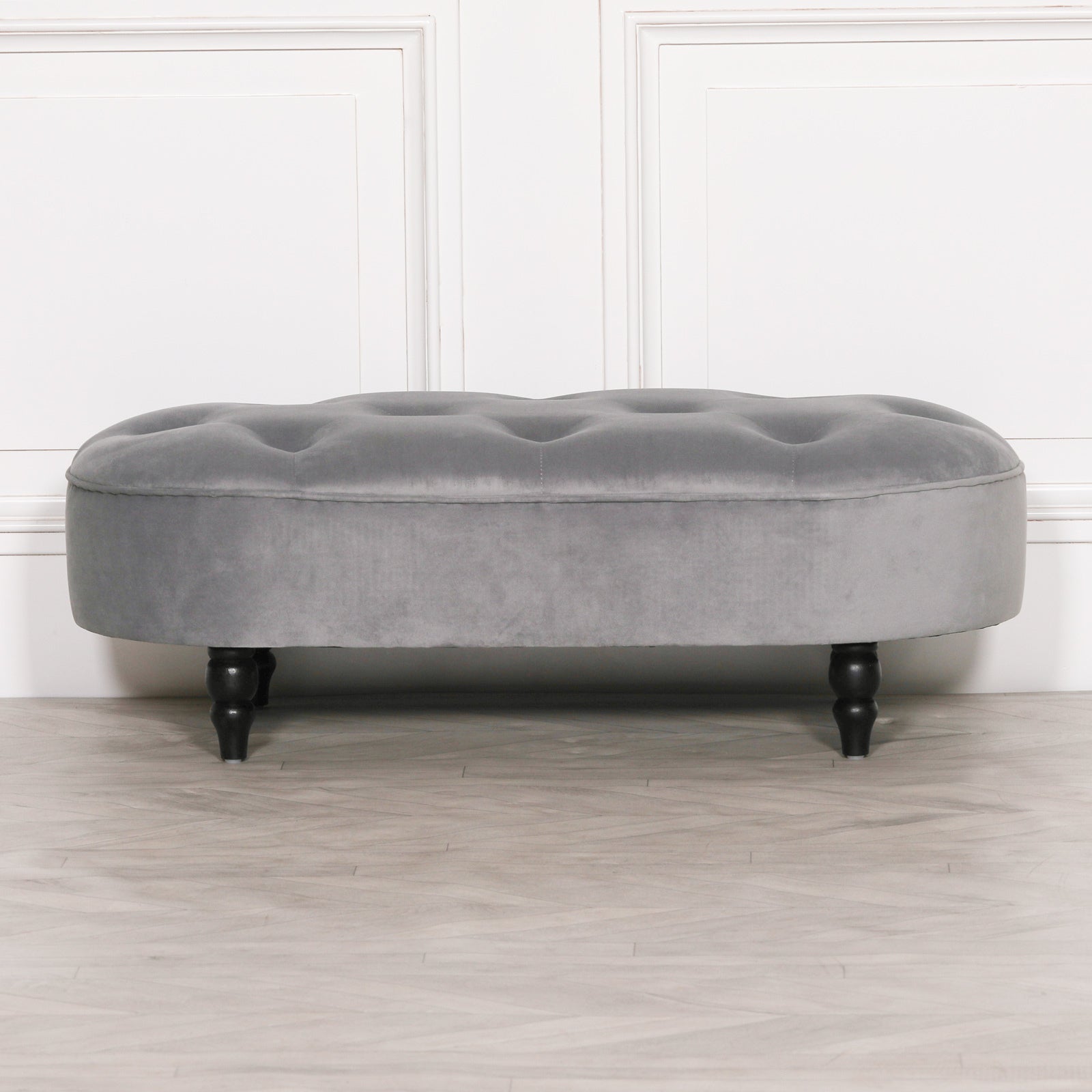 Art Deco Style Grey Velvet Bench with Wooden Legs