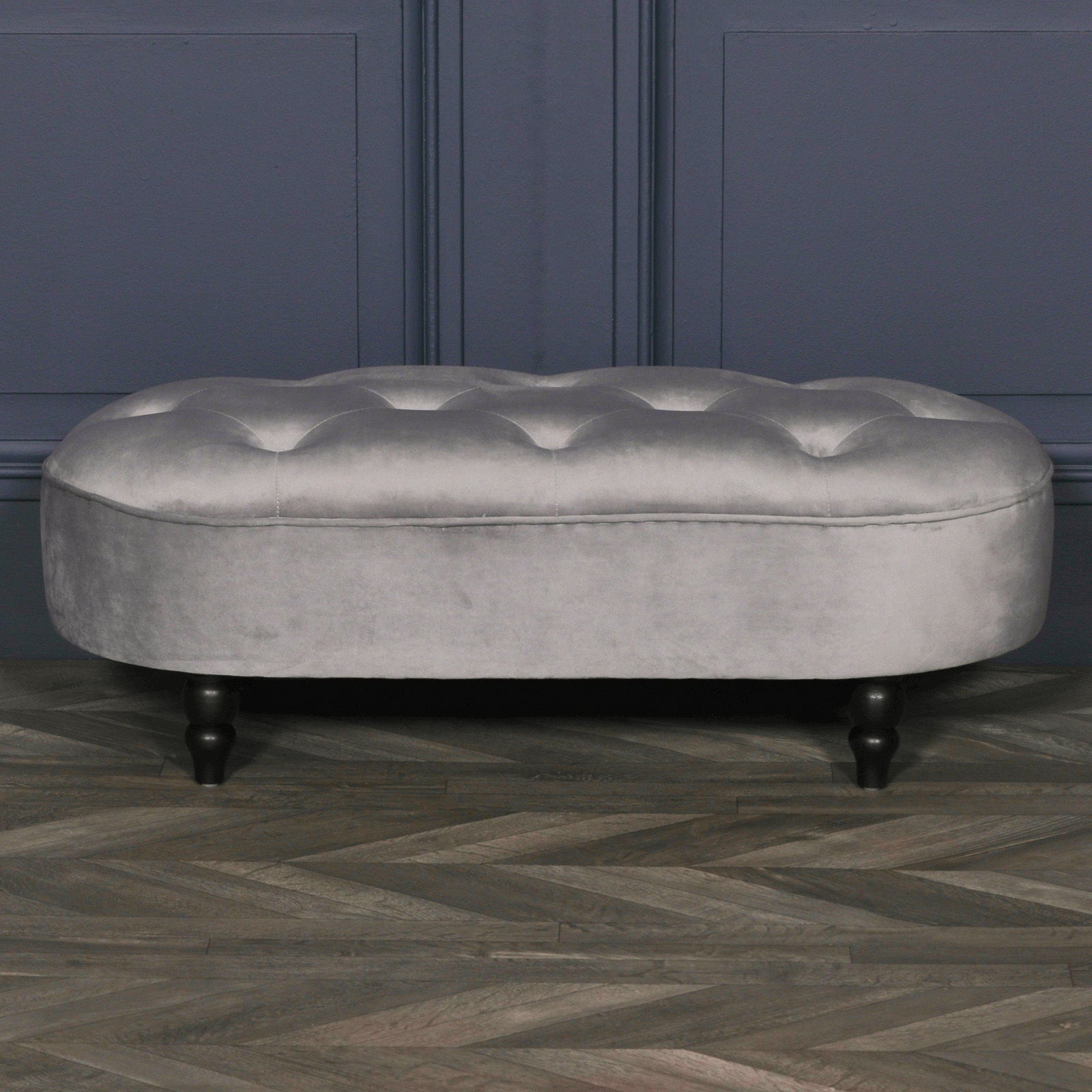 Art Deco Style Grey Velvet Bench with Wooden Legs