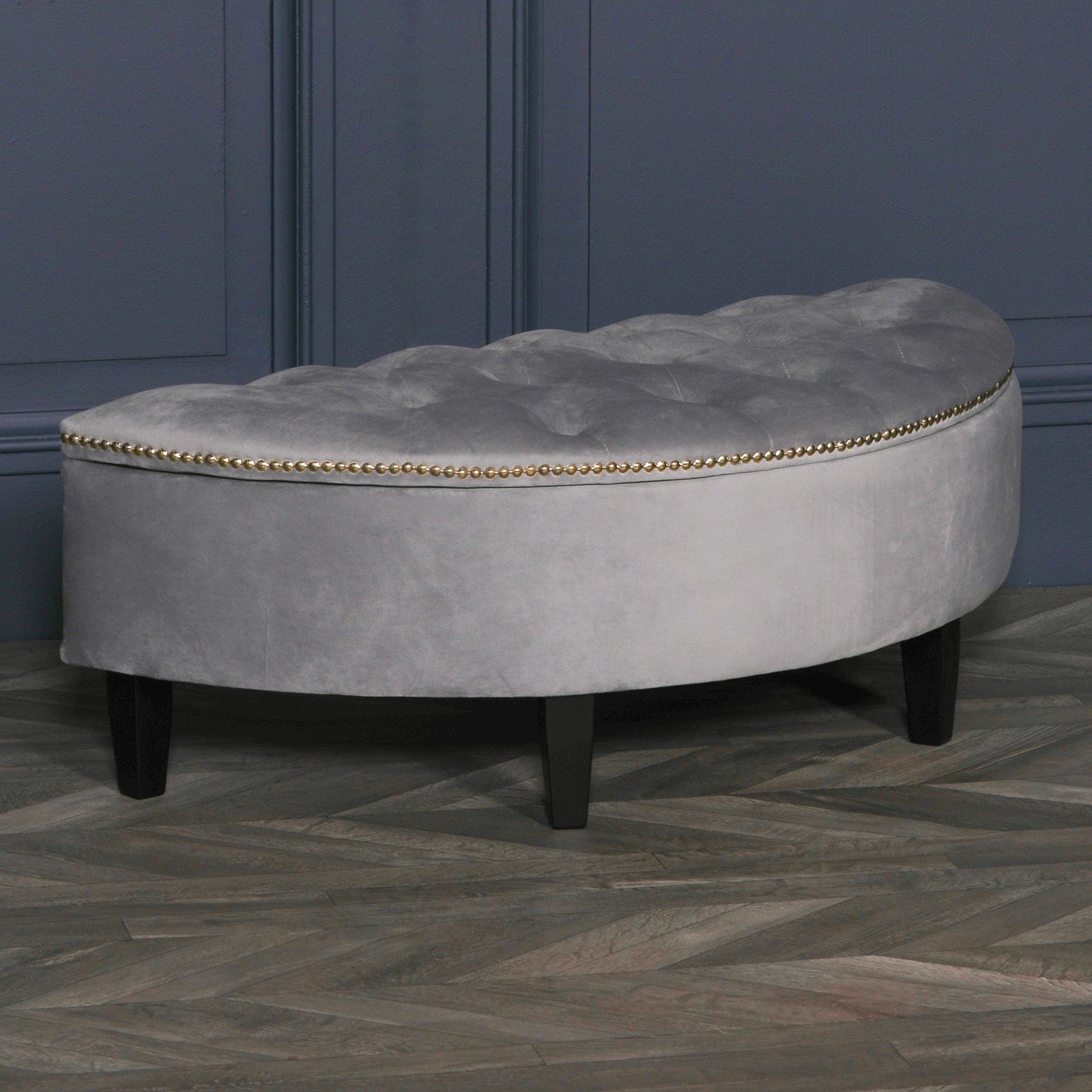 Grey Velvet Art Deco Style Storage Pouf Ottoman with Wooden Legs