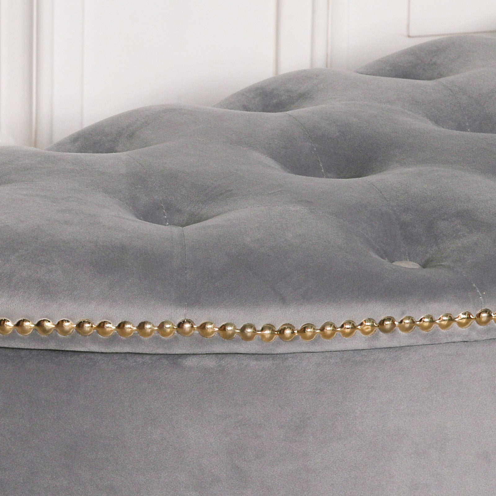 Grey Velvet Art Deco Style Storage Pouf Ottoman with Wooden Legs