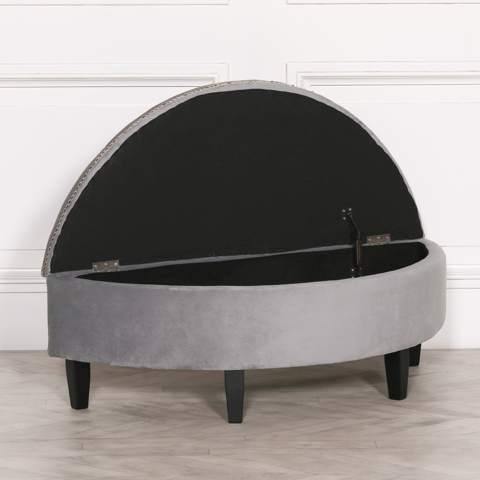Grey Velvet Art Deco Style Storage Pouf Ottoman with Wooden Legs