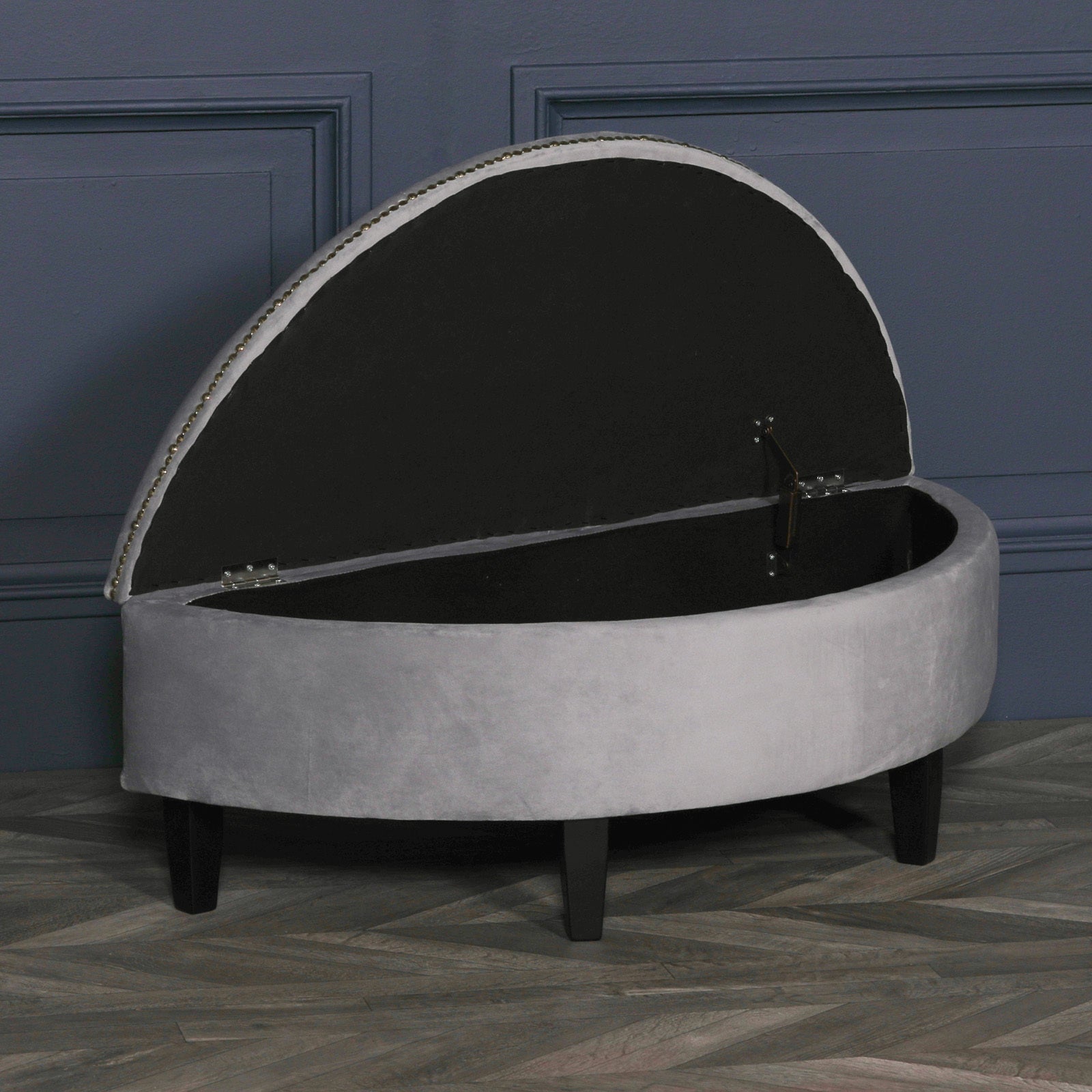 Grey Velvet Art Deco Style Storage Pouf Ottoman with Wooden Legs