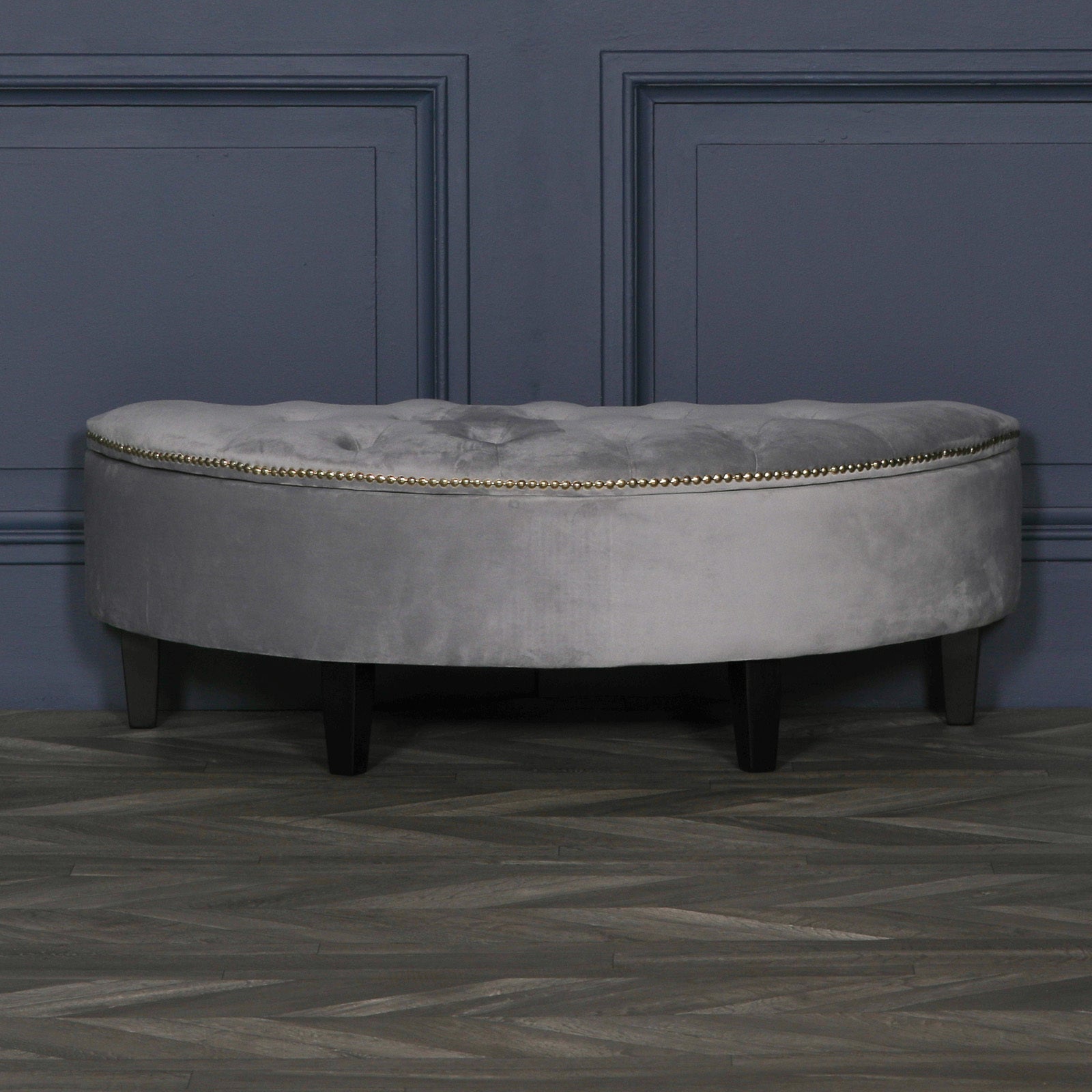 Grey Velvet Art Deco Style Storage Pouf Ottoman with Wooden Legs