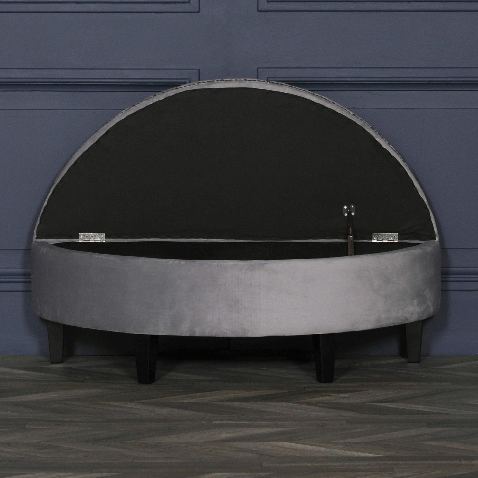 Grey Velvet Art Deco Style Storage Pouf Ottoman with Wooden Legs