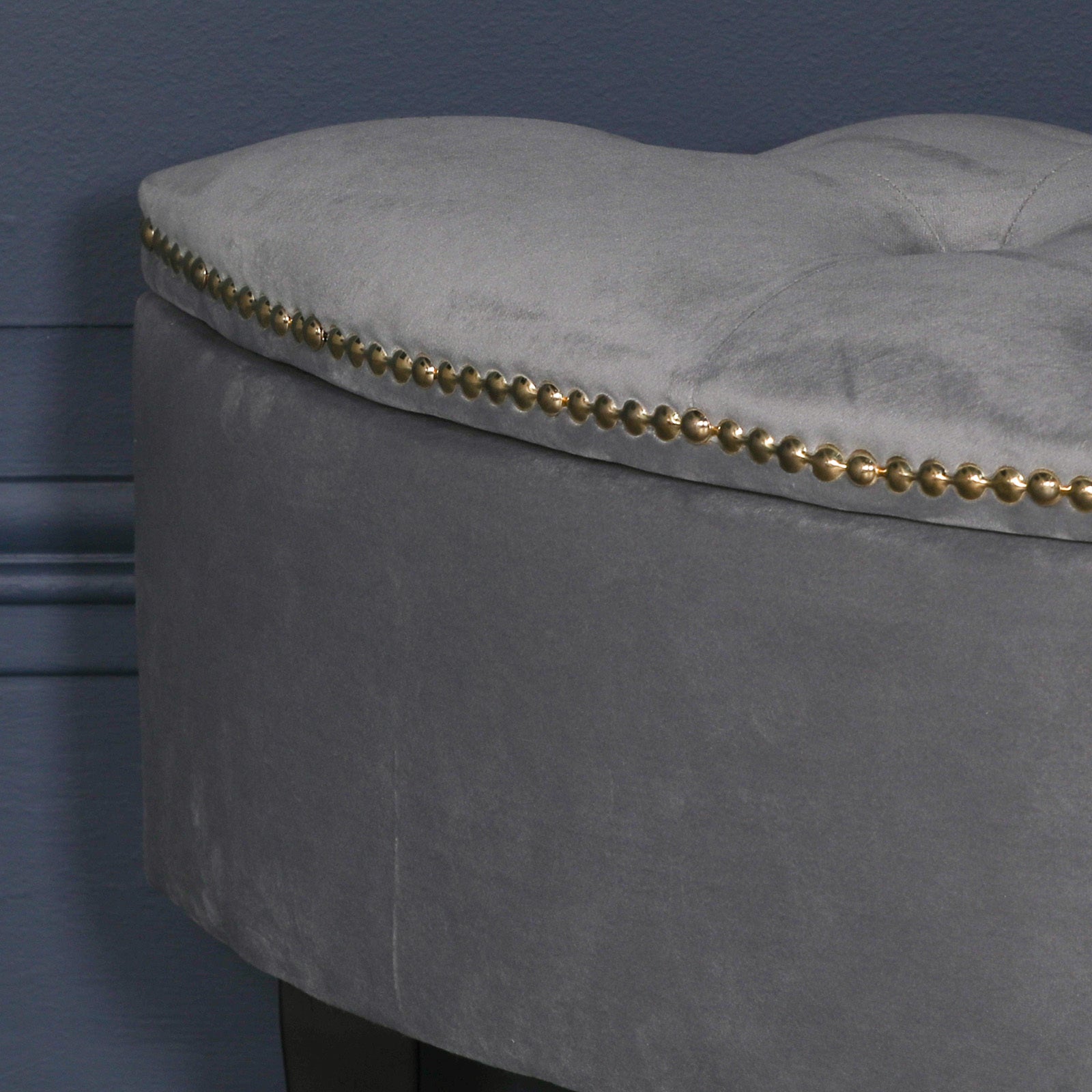 Grey Velvet Art Deco Style Storage Pouf Ottoman with Wooden Legs