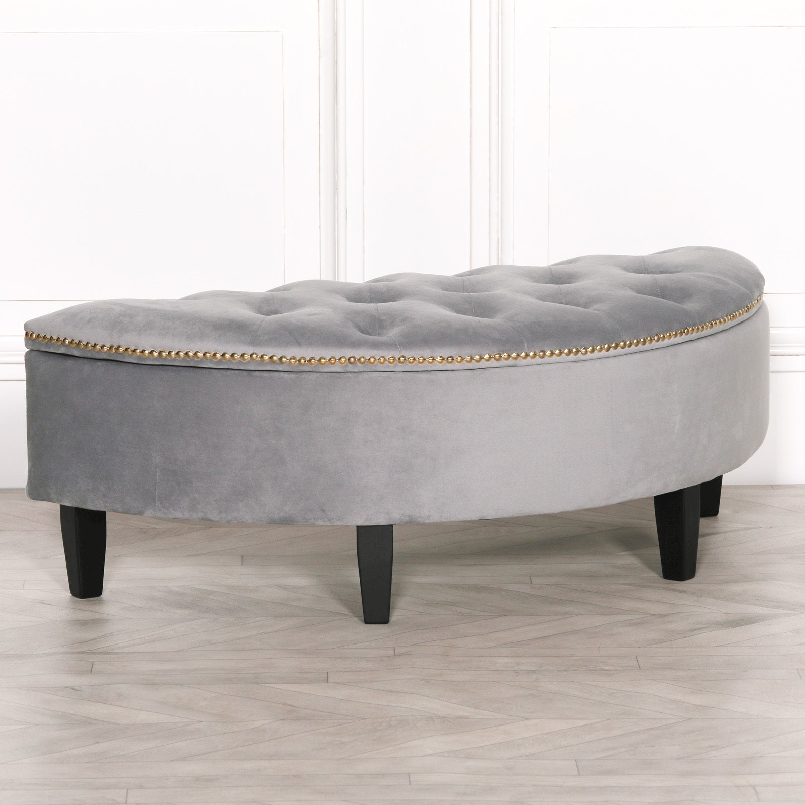 Grey Velvet Art Deco Style Storage Pouf Ottoman with Wooden Legs