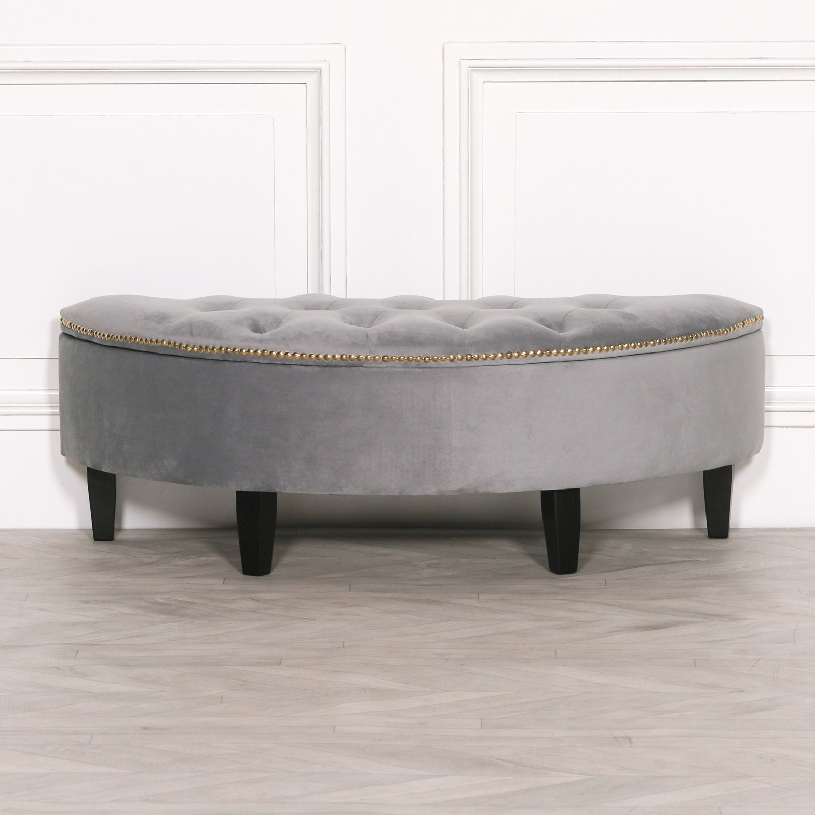 Grey Velvet Art Deco Style Storage Pouf Ottoman with Wooden Legs