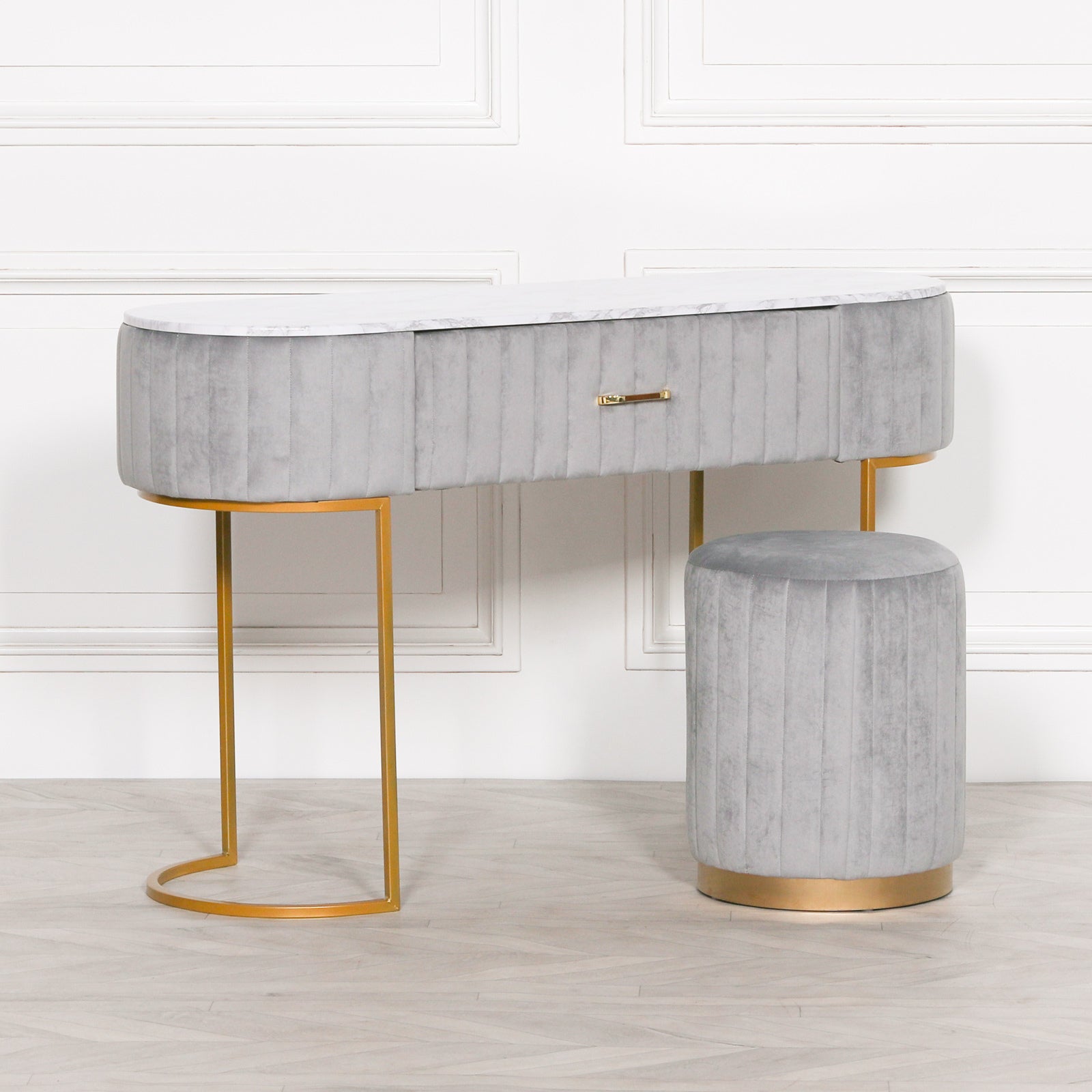 Art Deco Style Grey Upholstered Dressing Table with Gold Frame