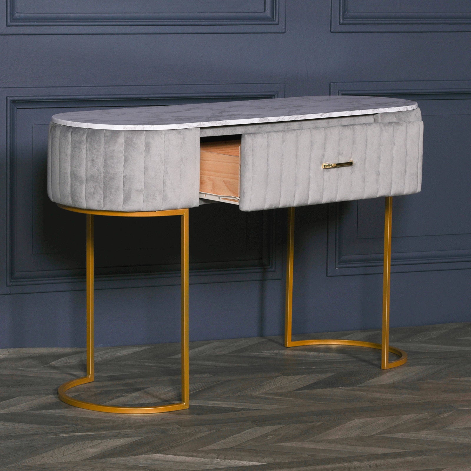 Art Deco Style Grey Upholstered Dressing Table with Gold Frame