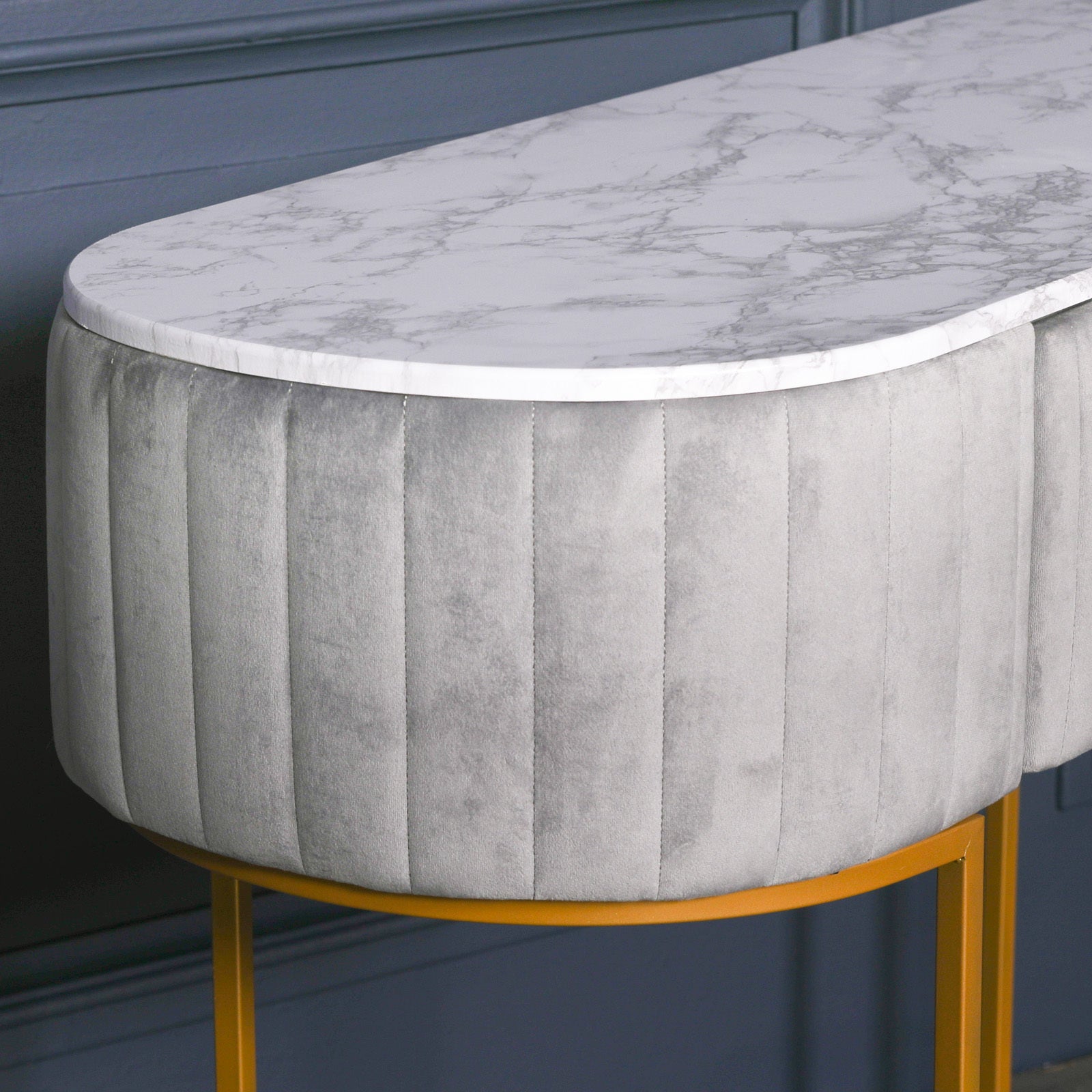 Art Deco Style Grey Upholstered Dressing Table with Gold Frame