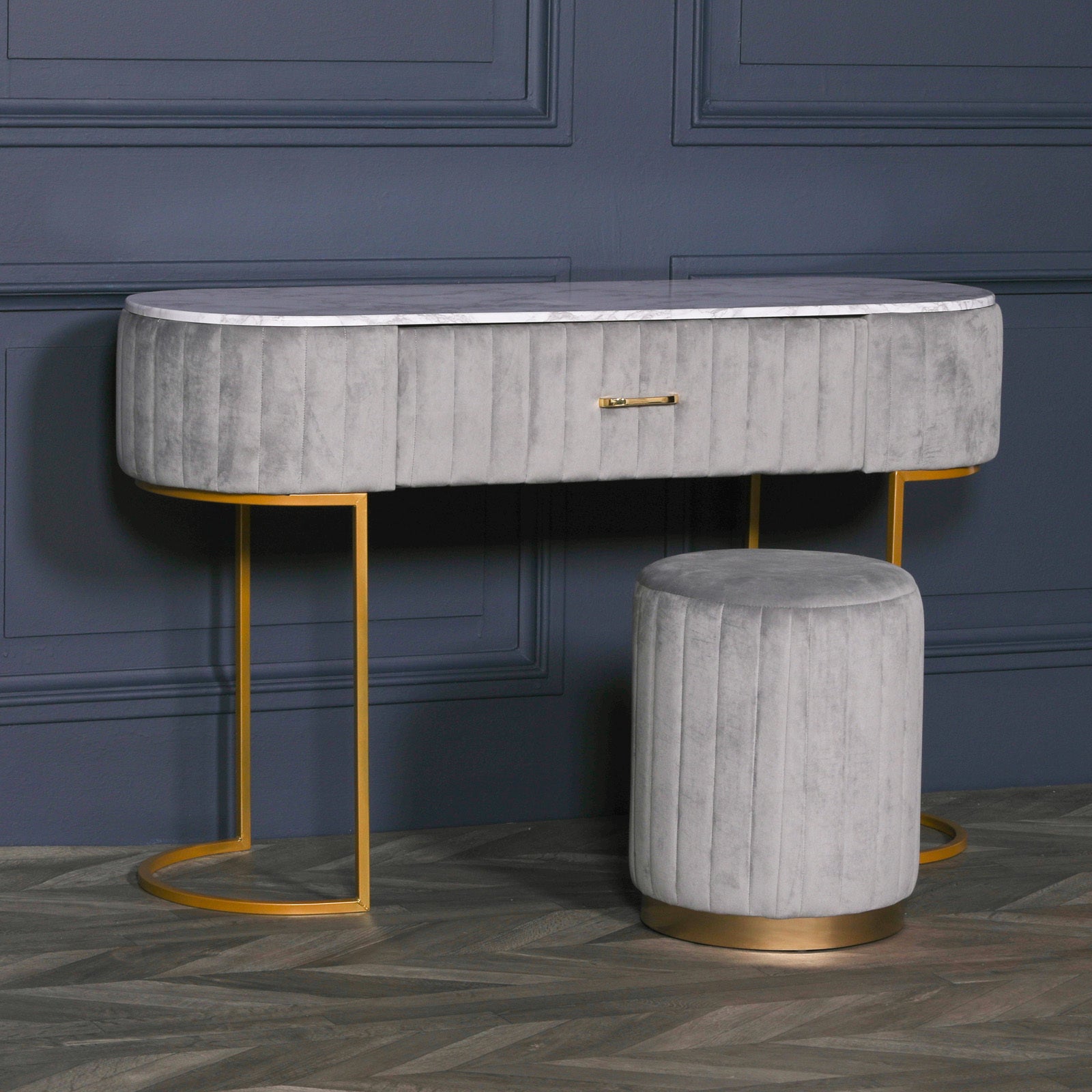 Art Deco Style Grey Upholstered Dressing Table with Gold Frame