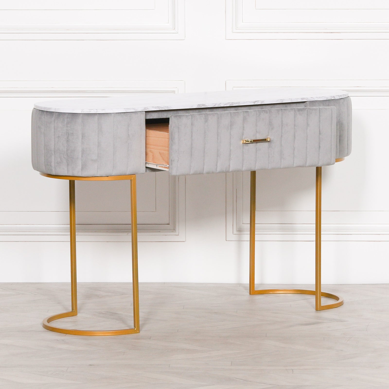 Art Deco Style Grey Upholstered Dressing Table with Gold Frame