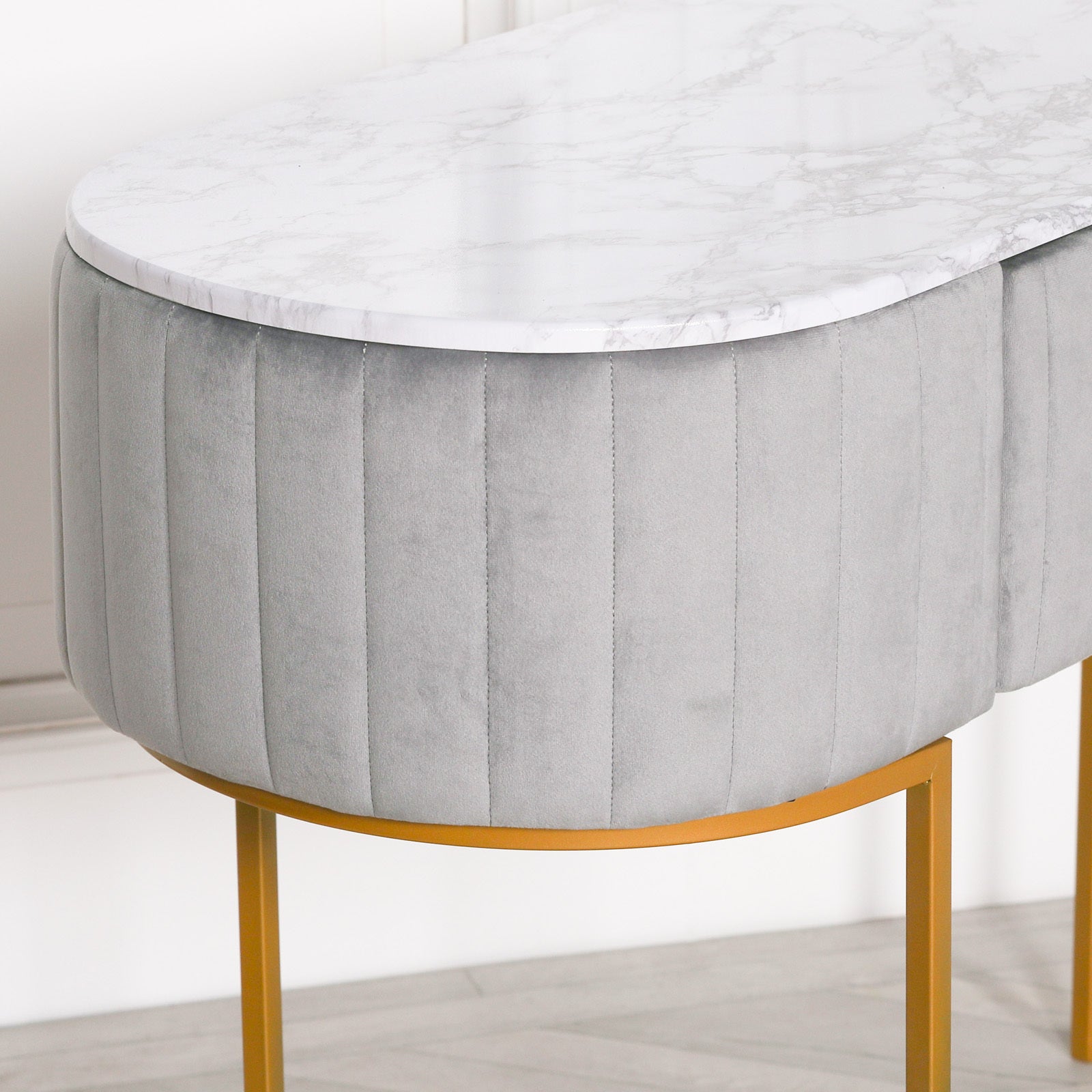 Art Deco Style Grey Upholstered Dressing Table with Gold Frame
