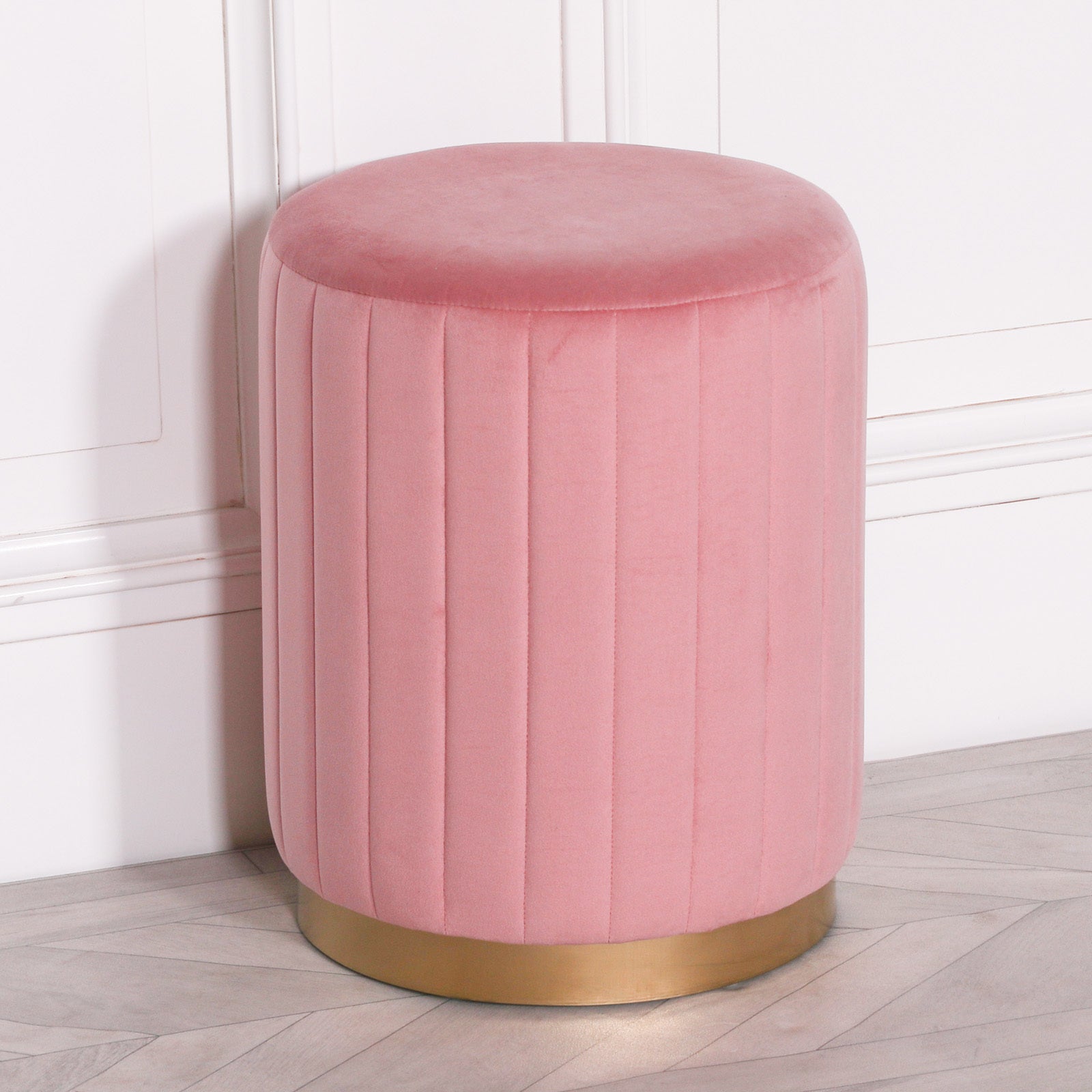 Pink Velvet Round Stool with Gold Trim Edge