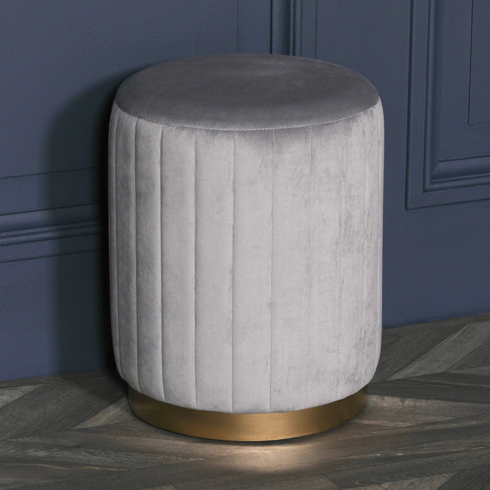 Art Deco Style Grey Velvet Round Stool with Gold Detailing