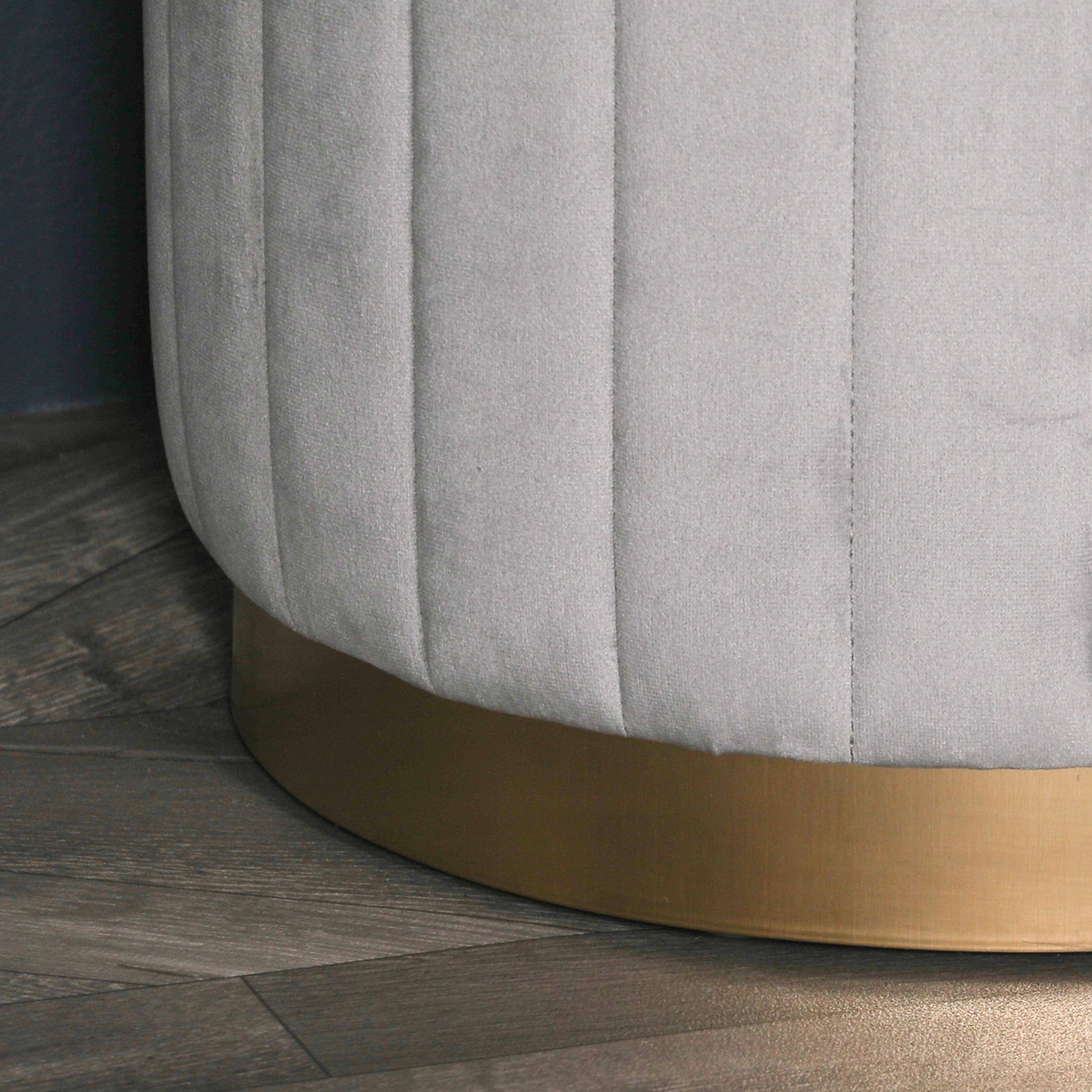 Art Deco Style Grey Velvet Round Stool with Gold Detailing