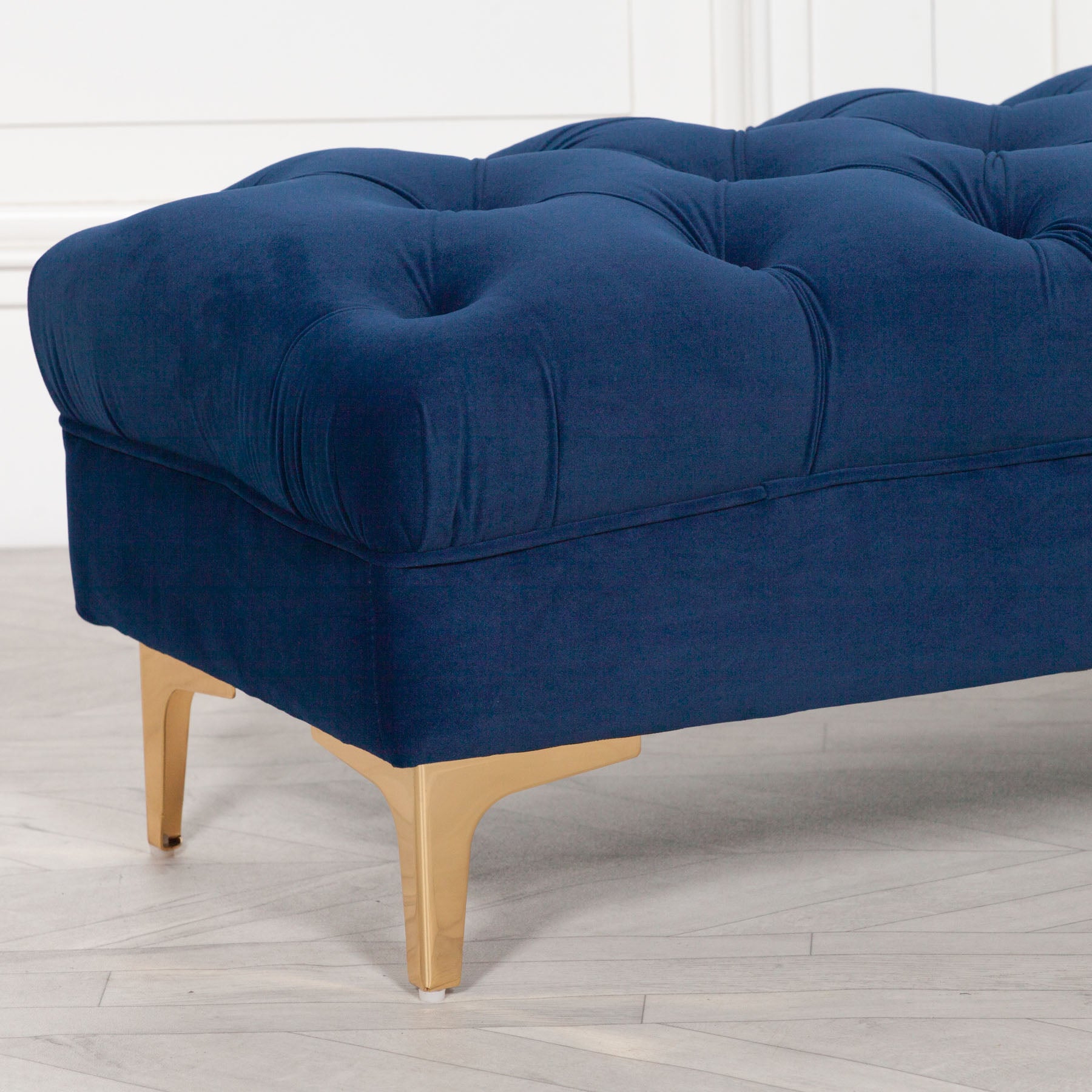 Blue Velvet Ottoman Stool with Chesterfield Style Buttoning