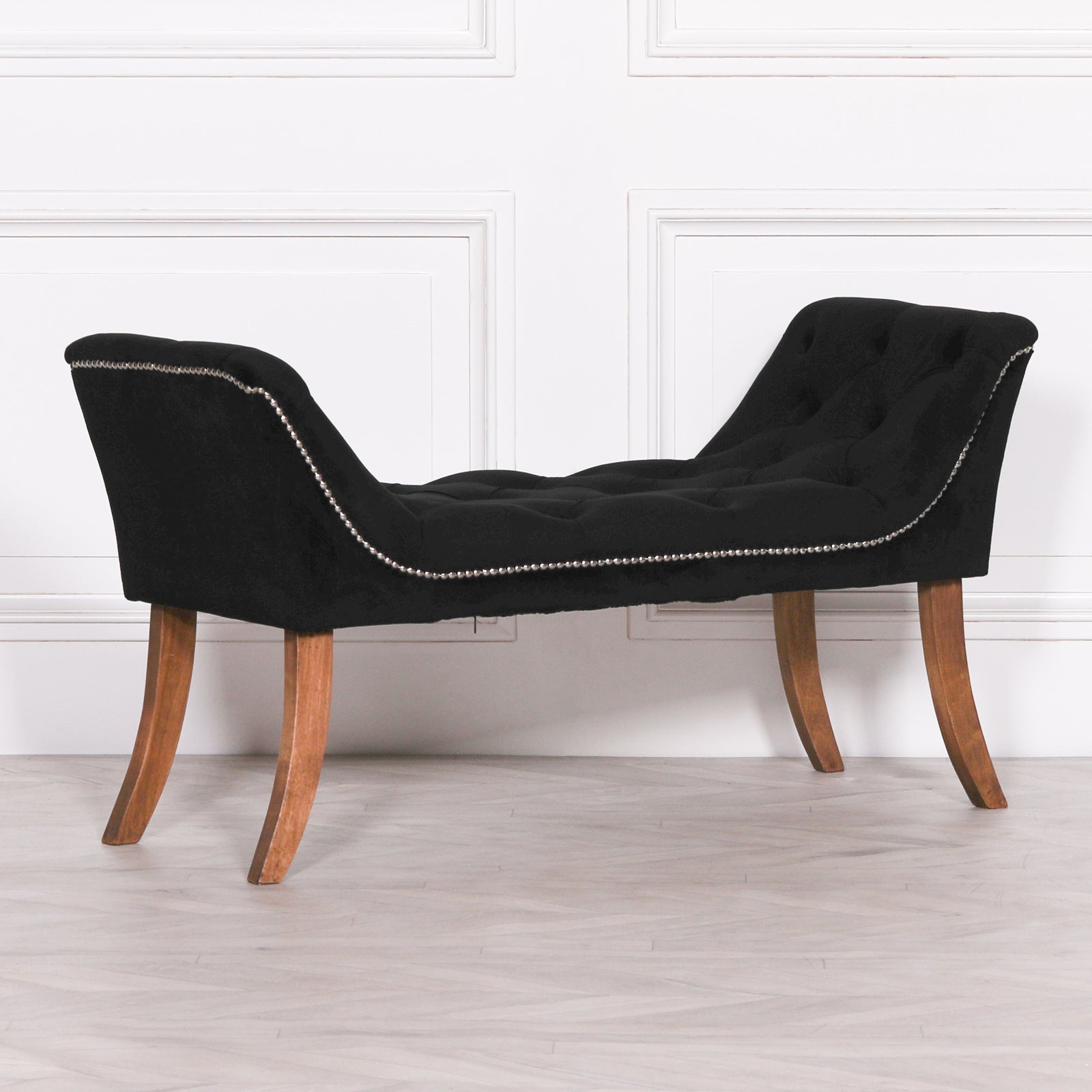 Black Velvet Bedroom Bench with Chrome Studs and Arched Wooden Legs