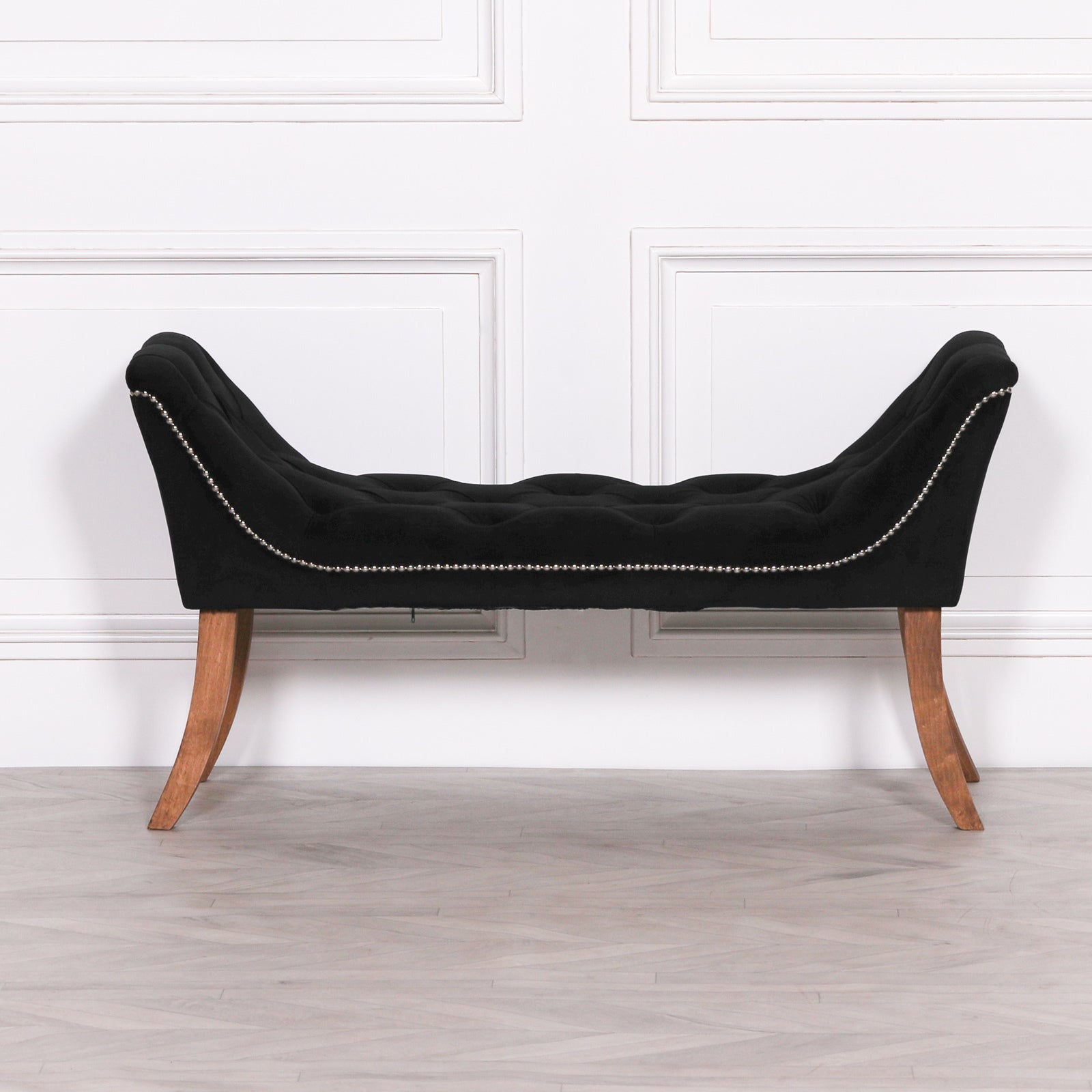 Black Velvet Bedroom Bench with Chrome Studs and Arched Wooden Legs