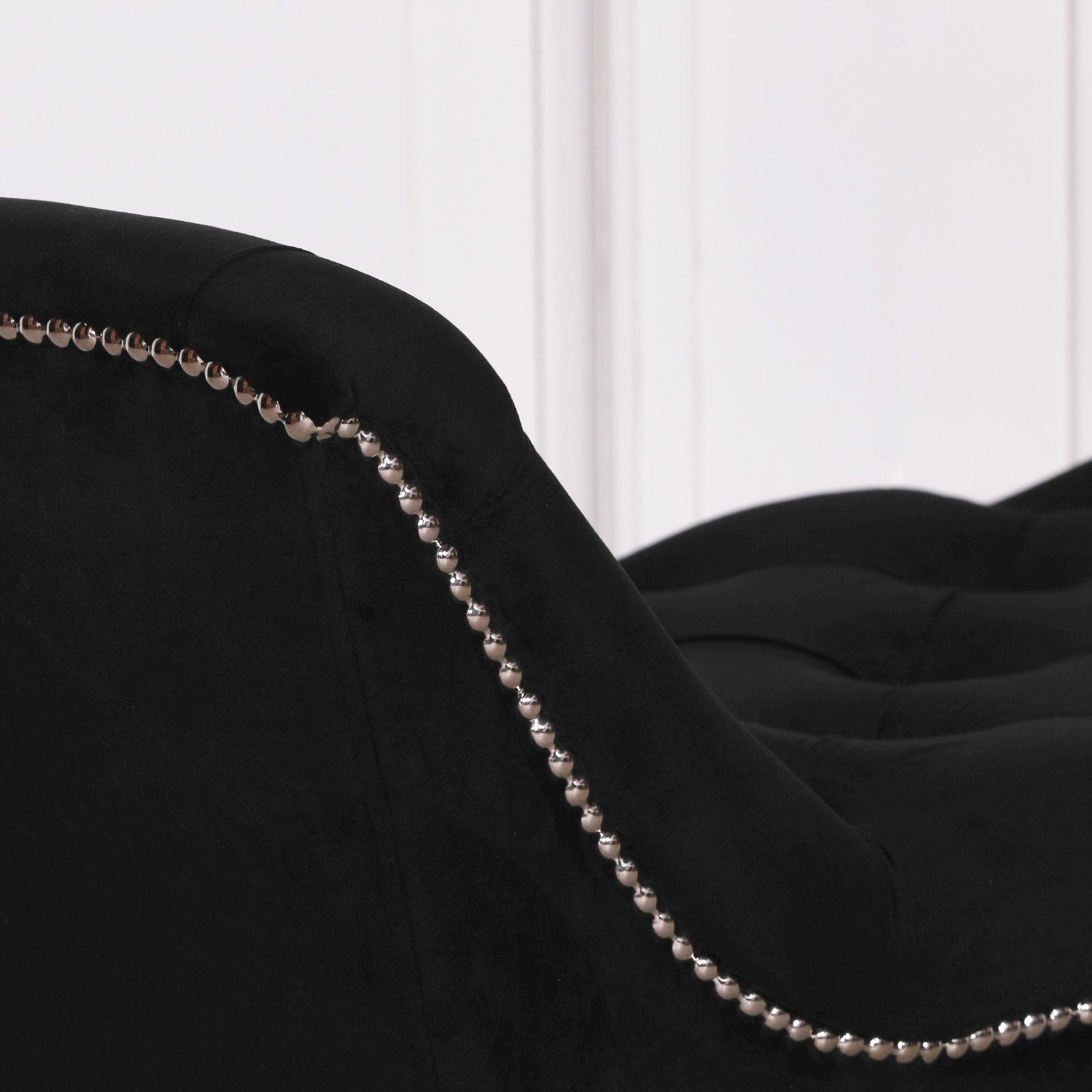 Black Velvet Bedroom Bench with Chrome Studs and Arched Wooden Legs
