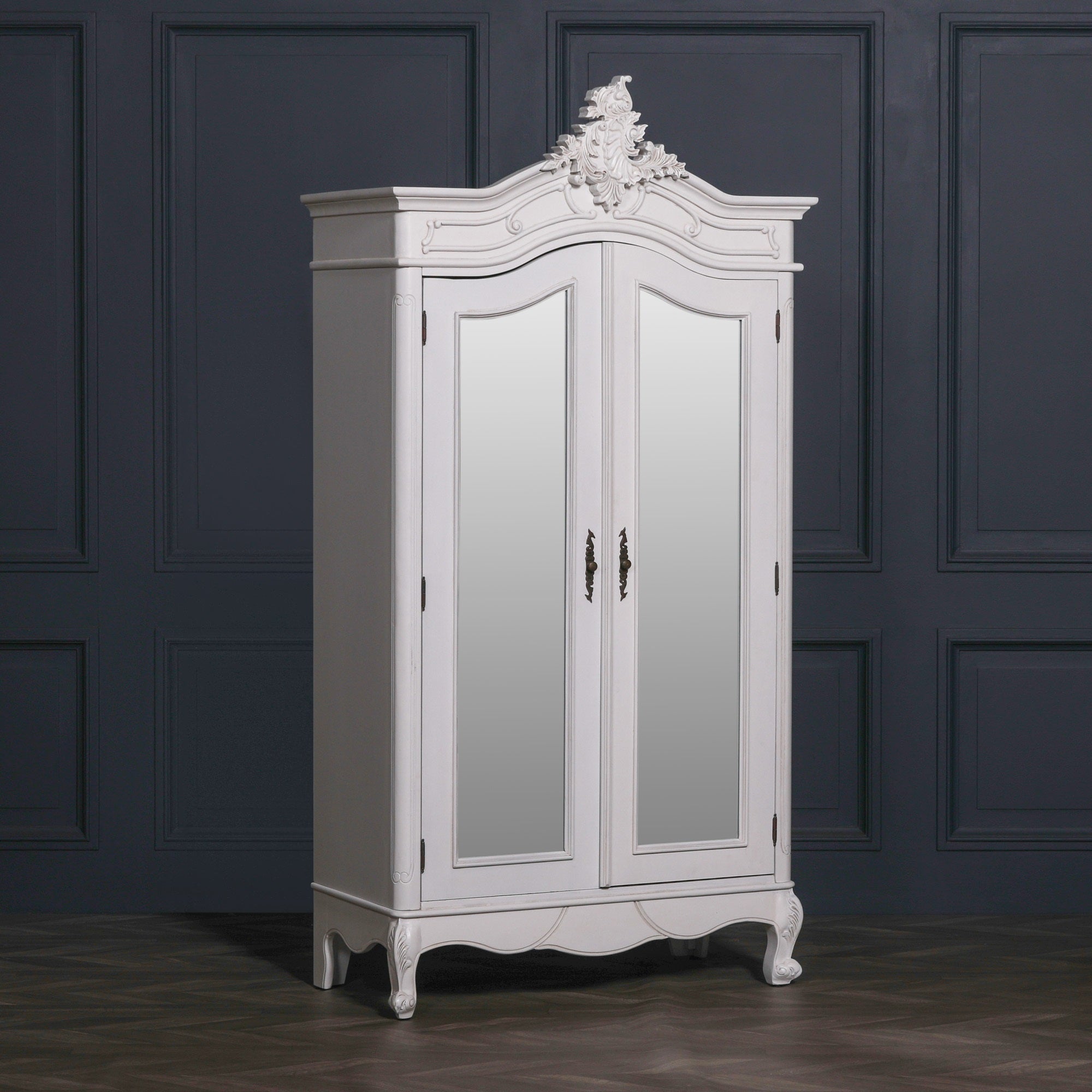 French Style Carved Mahogany Wood Double Door Full Mirrored Armoire in White