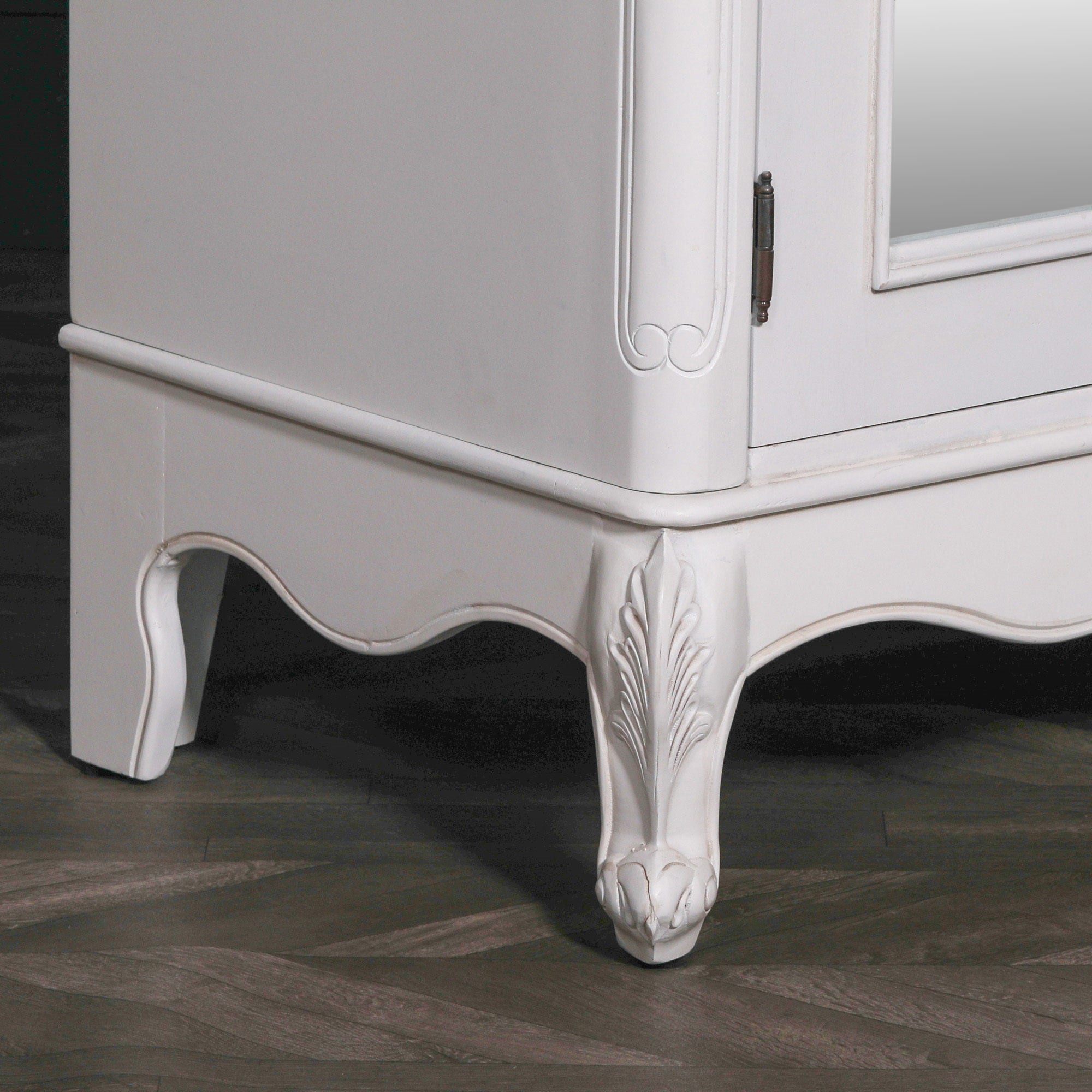 French Style Carved Mahogany Wood Double Door Full Mirrored Armoire in White