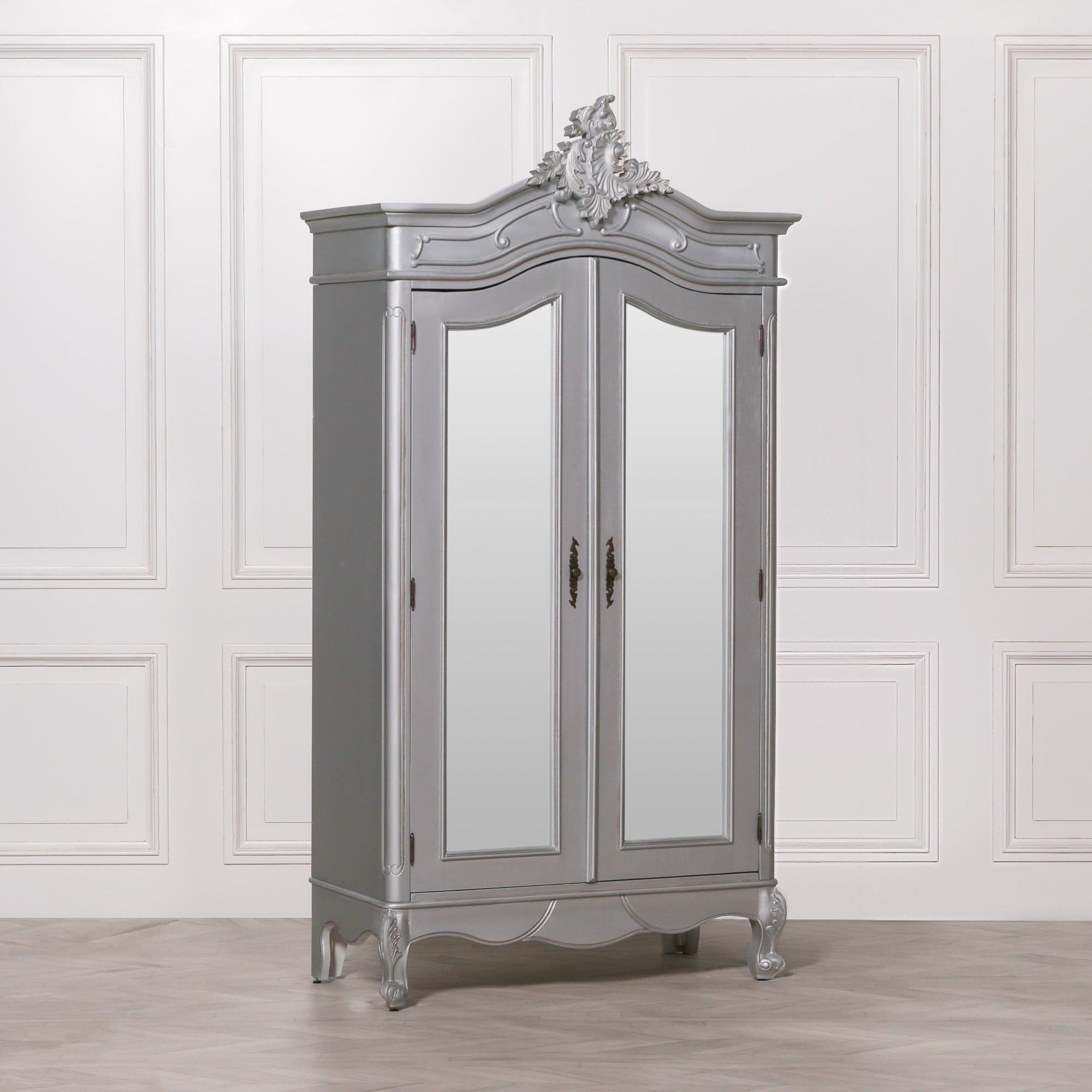 French Painted Antique Carved Double Full Mirrored Armoire
