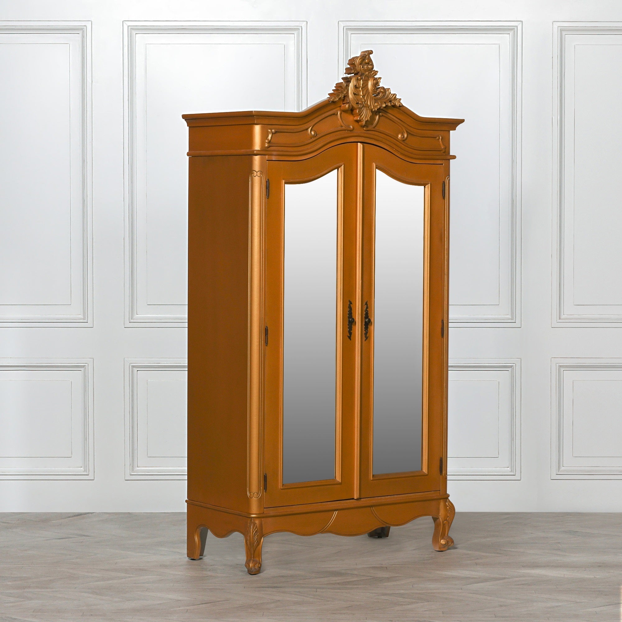French Style Carved Mahogany Wood Double Door Full Mirrored Armoire in Gold