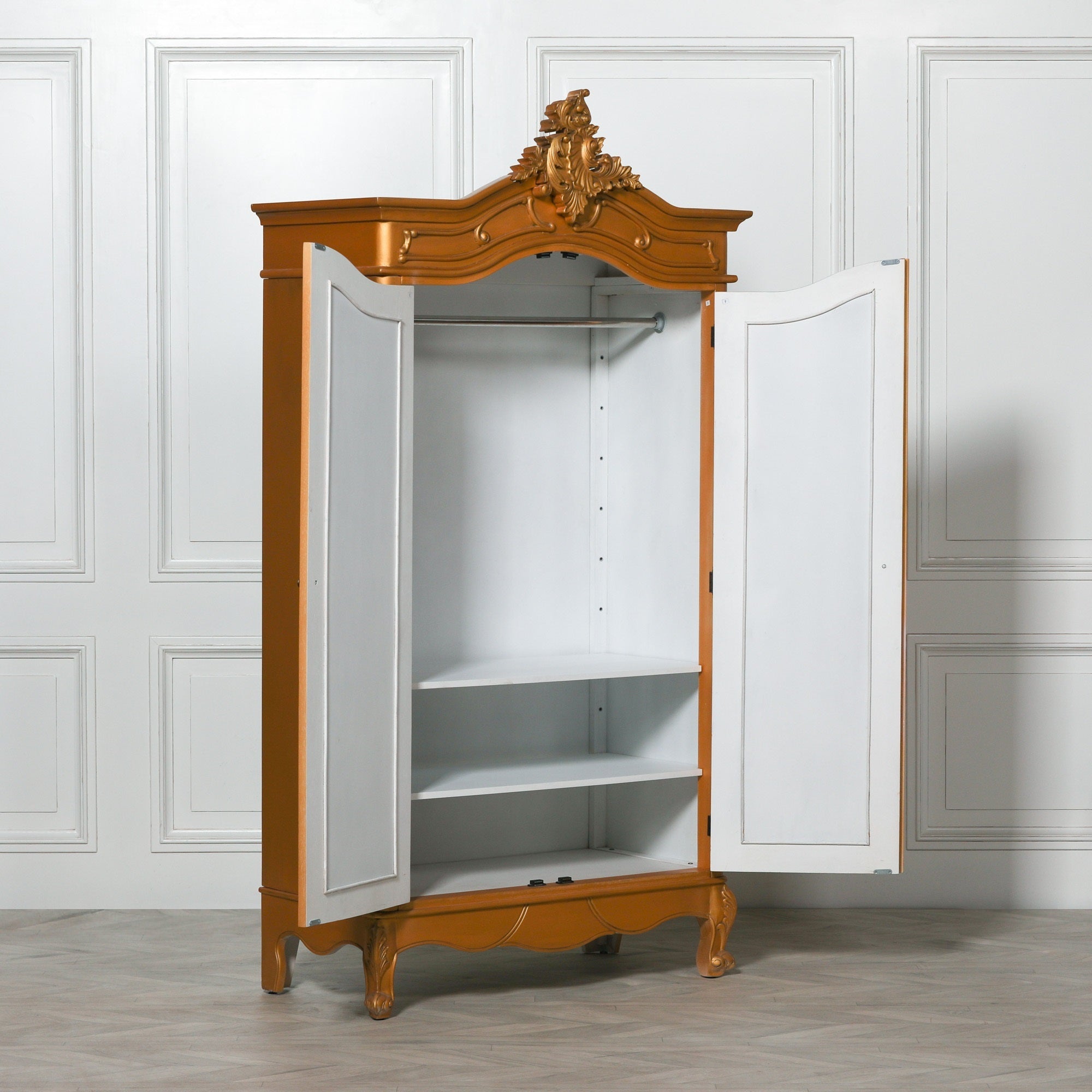 French Style Carved Mahogany Wood Double Door Full Mirrored Armoire in Gold