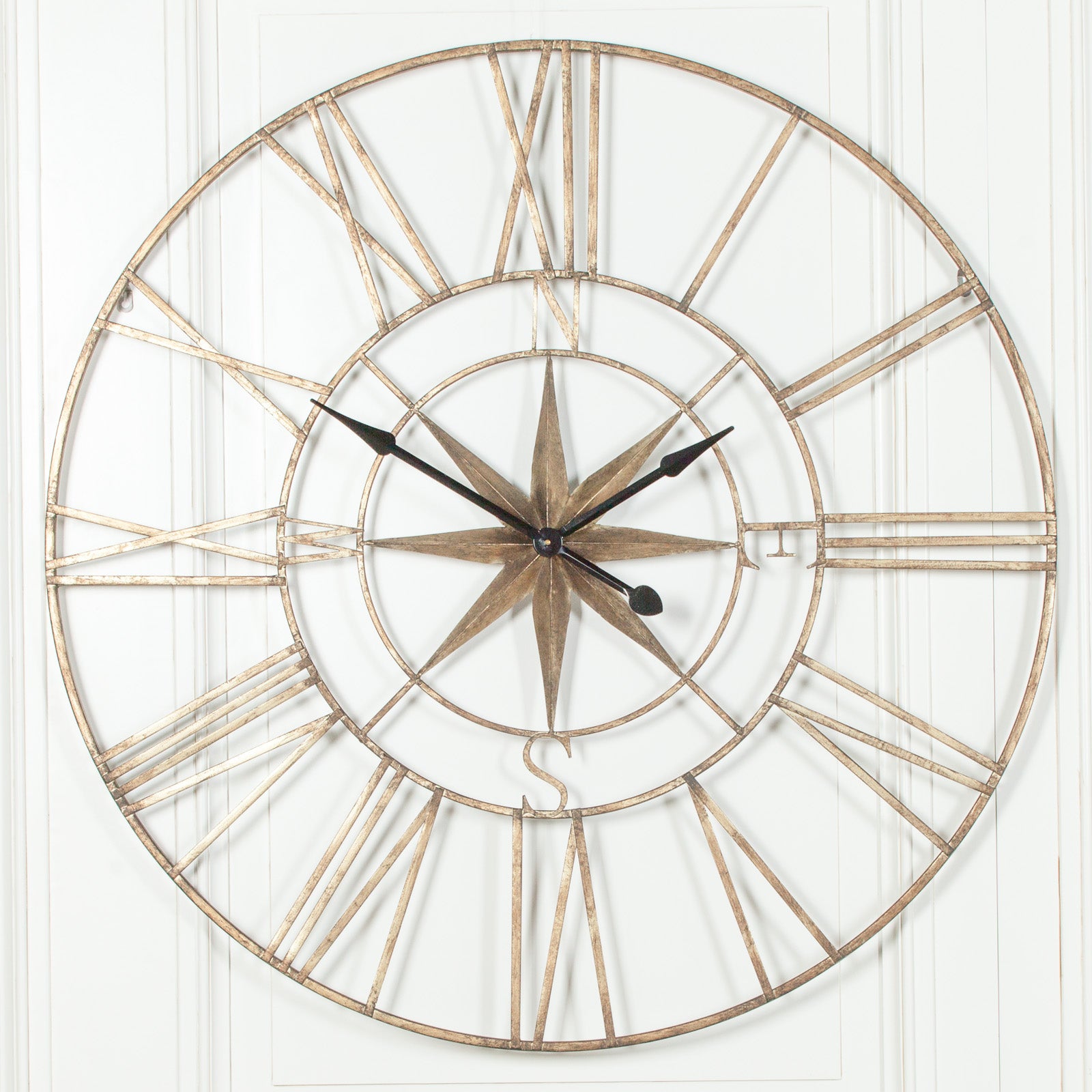 Extra Large 120cm Rustic Metal Gold Compass Roman Numeral Wall Clock