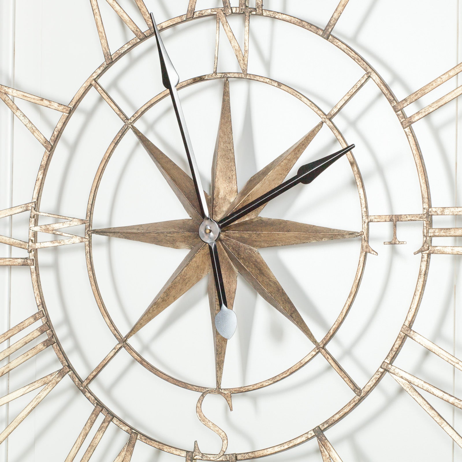 Extra Large 120cm Rustic Metal Gold Compass Roman Numeral Wall Clock