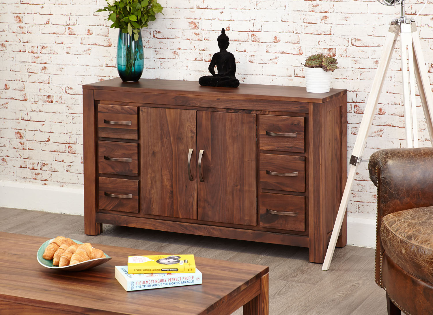 Mayan Walnut Six Drawer Sideboard