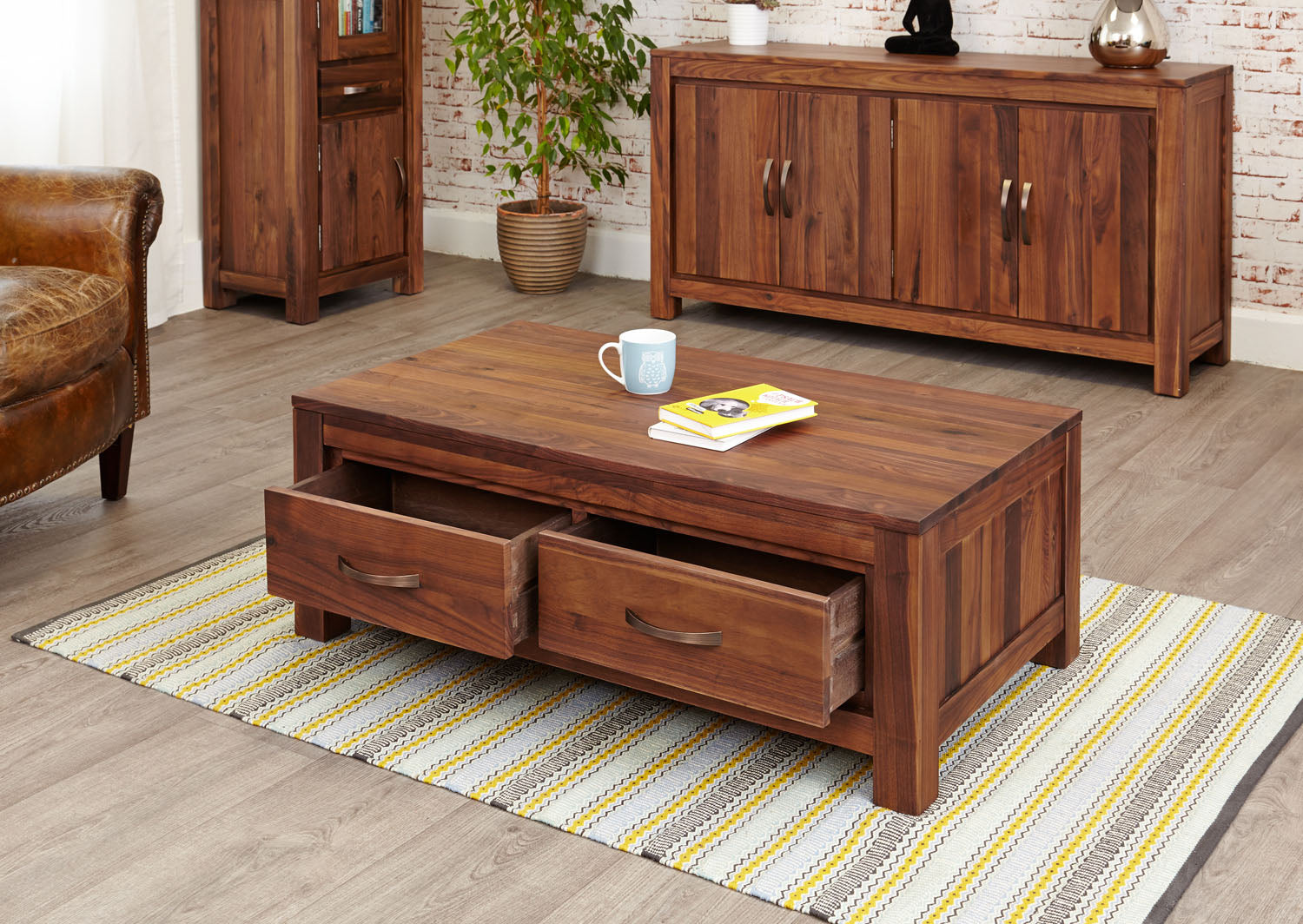 Mayan Walnut Low Four Drawer Coffee Table