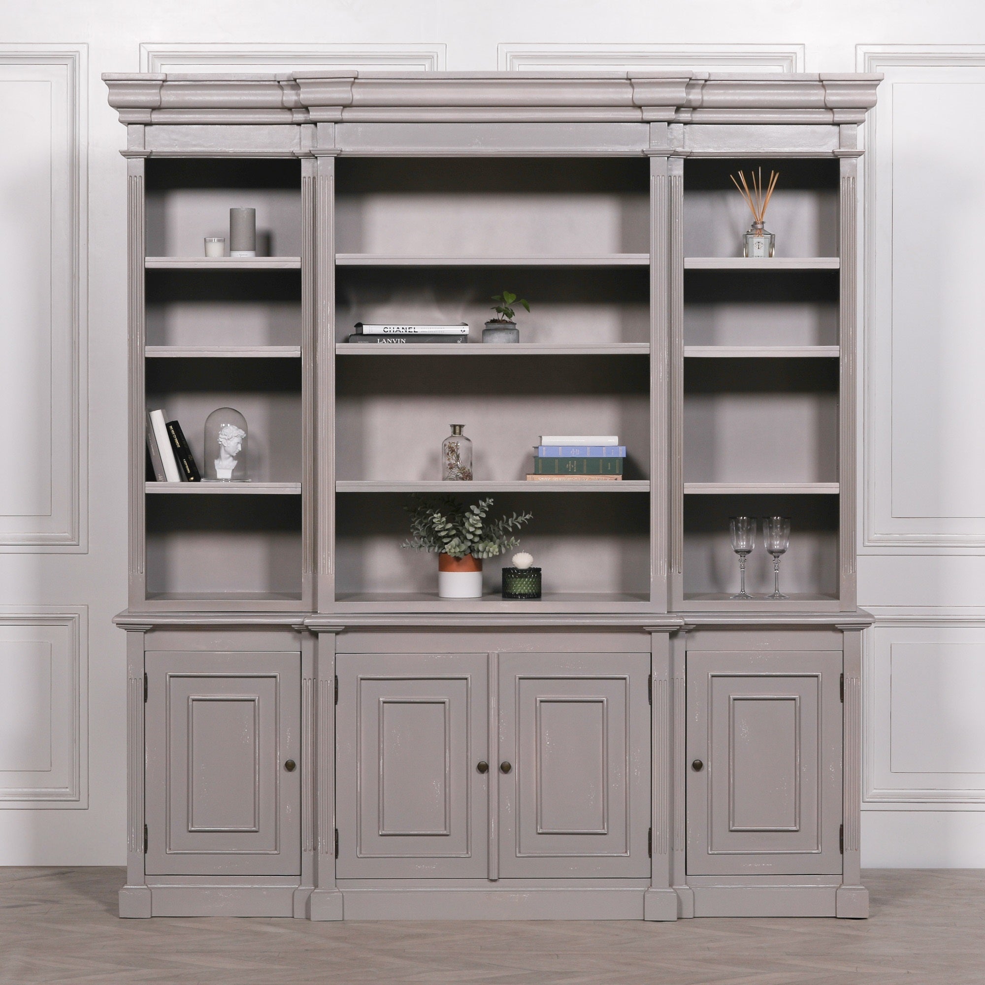 Large Distressed Paint Style Bookcase Breakfront Display Cabinet