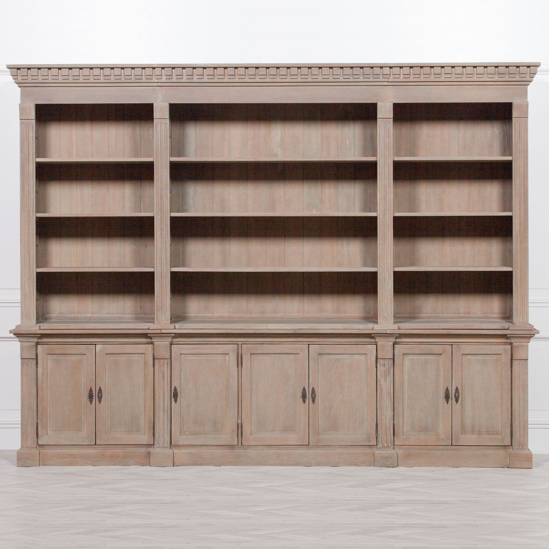 Classic Design Extra Large Wooden Library Triple Bookcase with Cupboards
