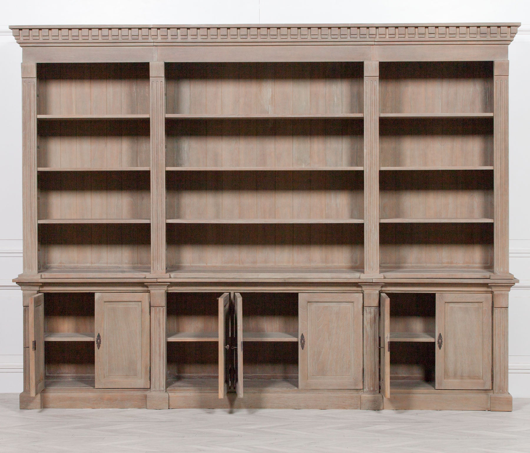 Classic Design Extra Large Wooden Library Triple Bookcase with Cupboards