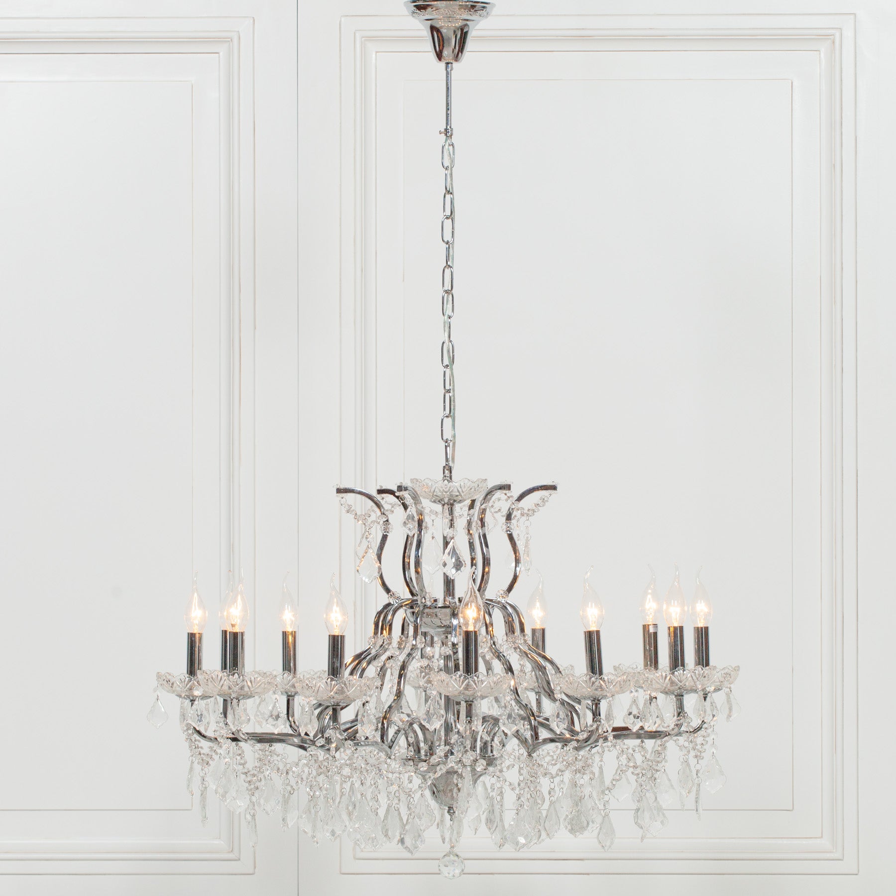 Chrome Colour Large 12 Arm French Style Shallow Cut Glass Chandelier