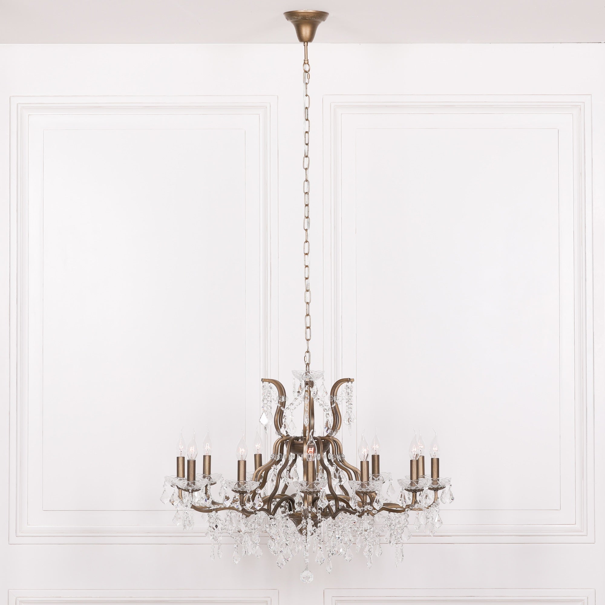 Antique Gold Colour Large 12 Arm French Style Shallow Cut Glass Chandelier