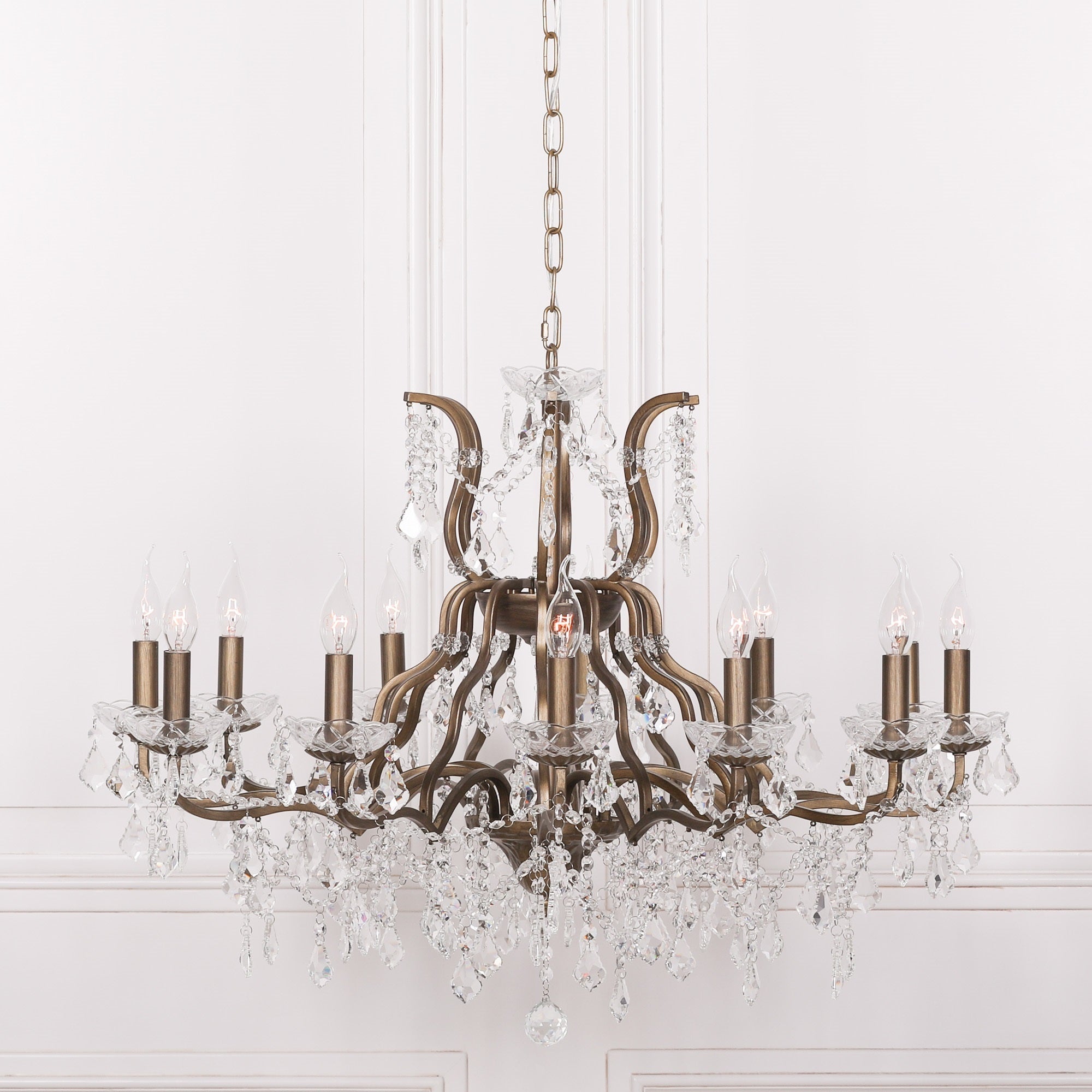 Antique Gold Colour Large 12 Arm French Style Shallow Cut Glass Chandelier