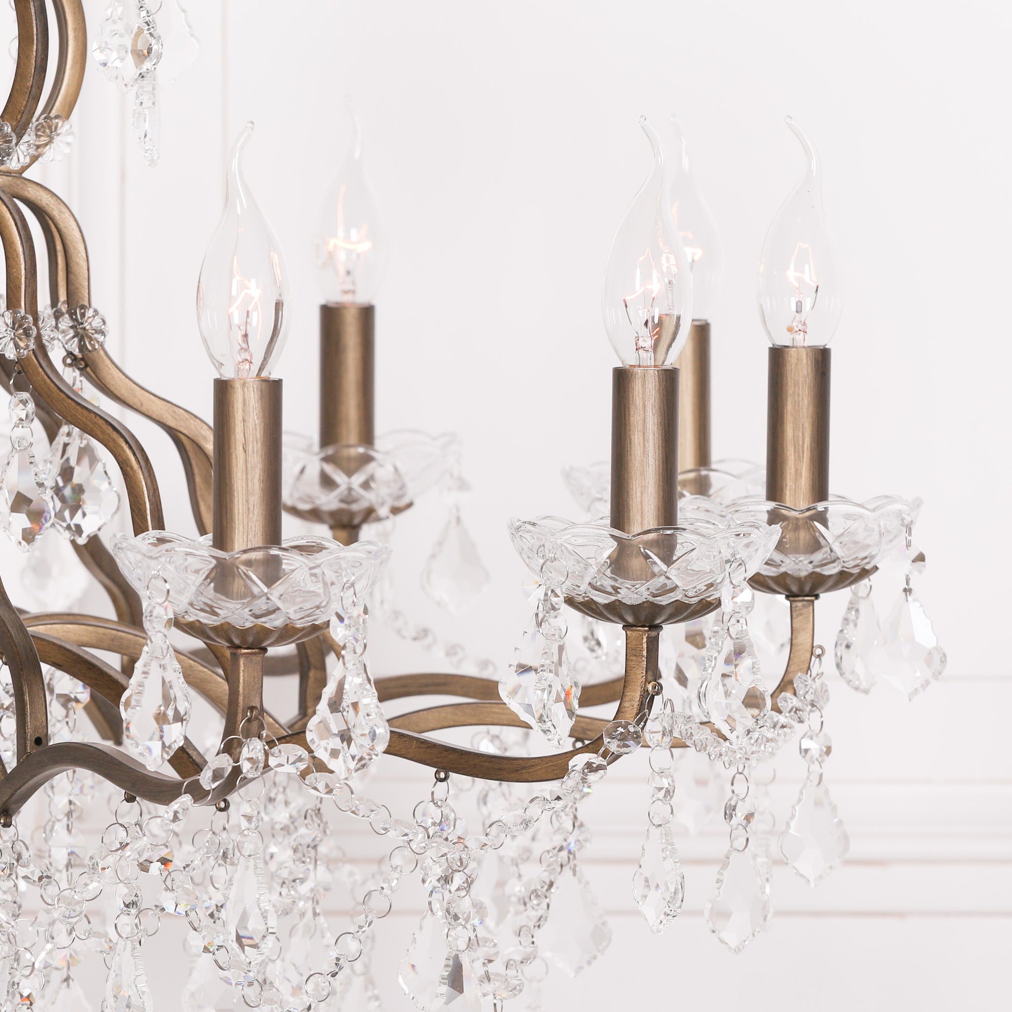 Antique Gold Colour Large 12 Arm French Style Shallow Cut Glass Chandelier