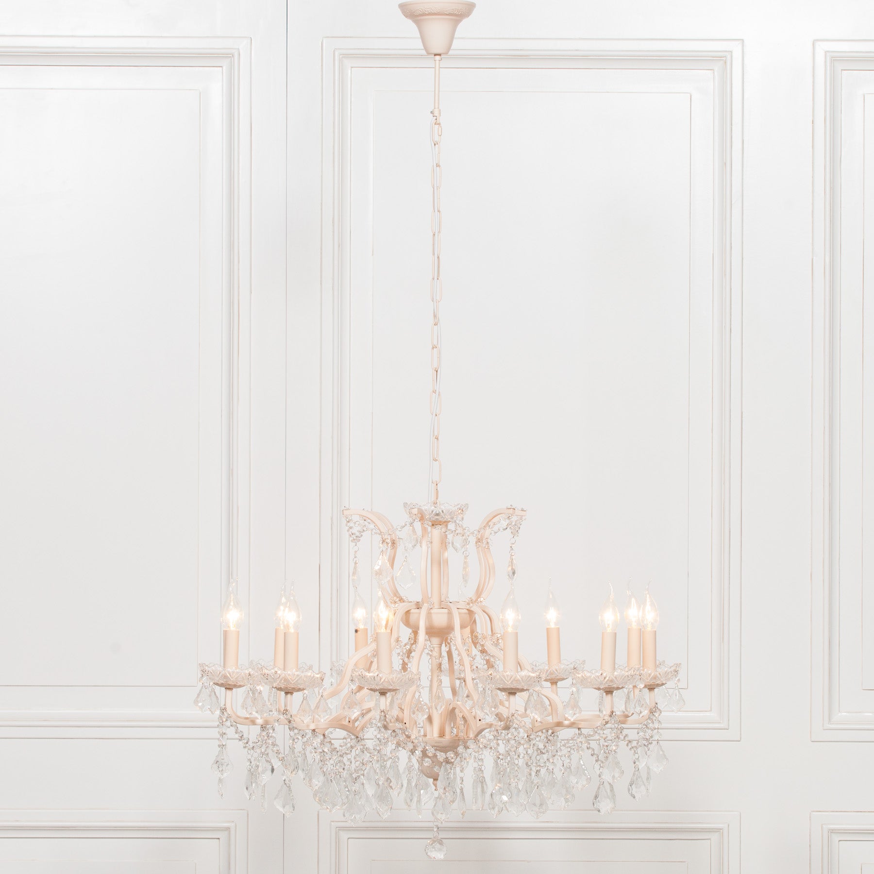 Peachy Cream Colour Large 12 Arm French Style Shallow Cut Glass Chandelier