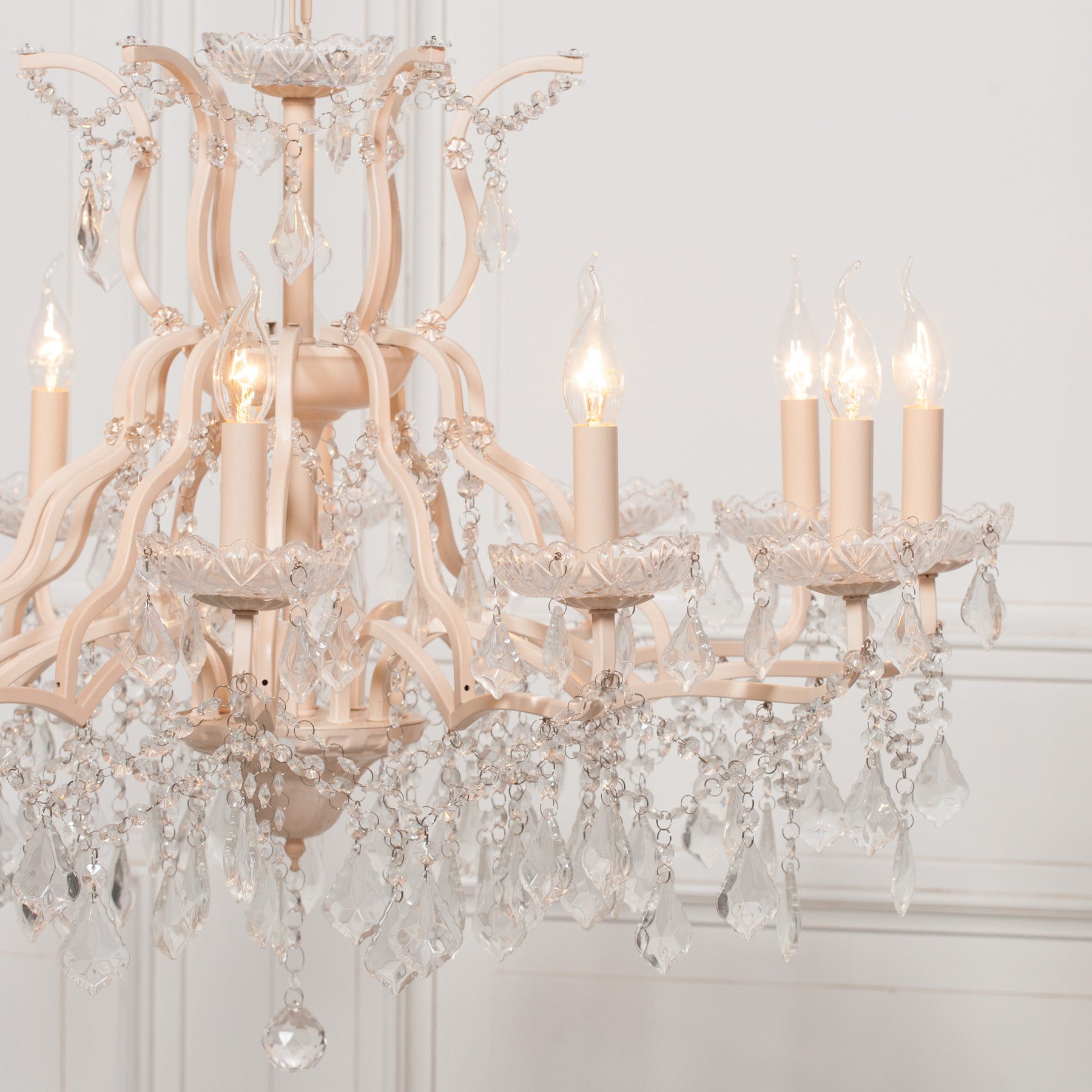 Peachy Cream Colour Large 12 Arm French Style Shallow Cut Glass Chandelier