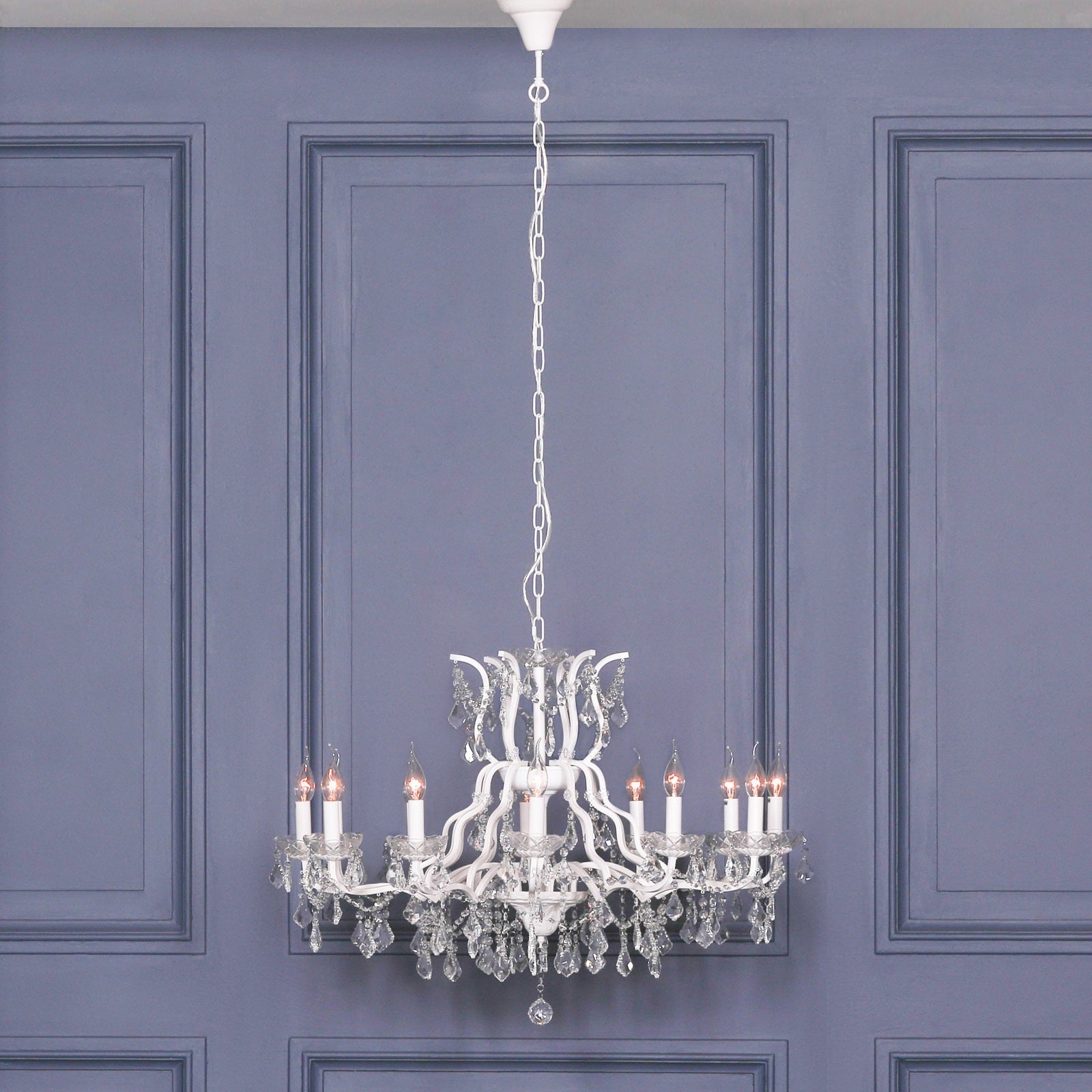Shabby White Colour Large 12 Arm French Style Shallow Cut Glass Chandelier