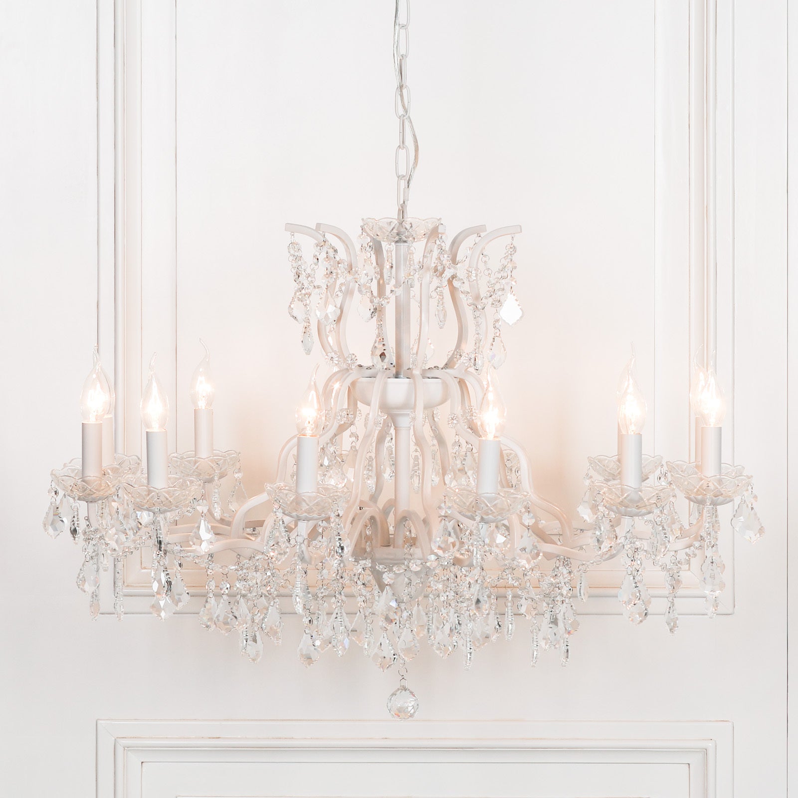 Shabby White Colour Large 12 Arm French Style Shallow Cut Glass Chandelier