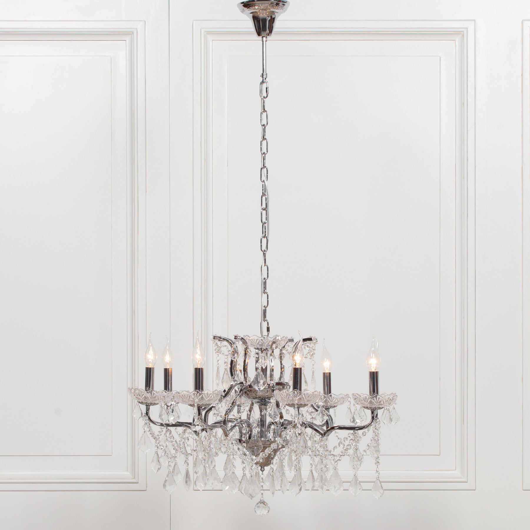 Chrome Colour Large 8 Arm French Style Shallow Cut Glass Chandelier