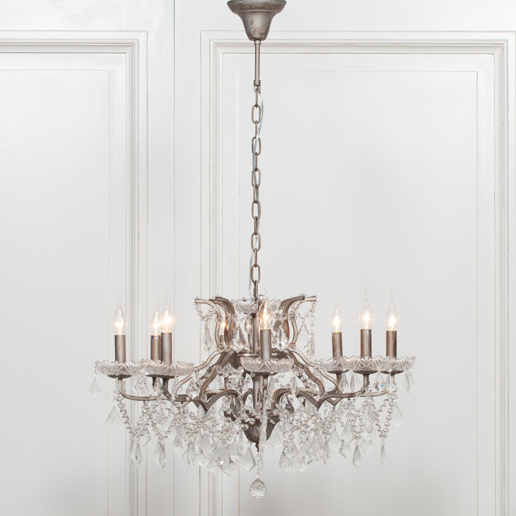 Antique Silver Colour Large 8 Arm French Style Shallow Cut Glass Chandelier