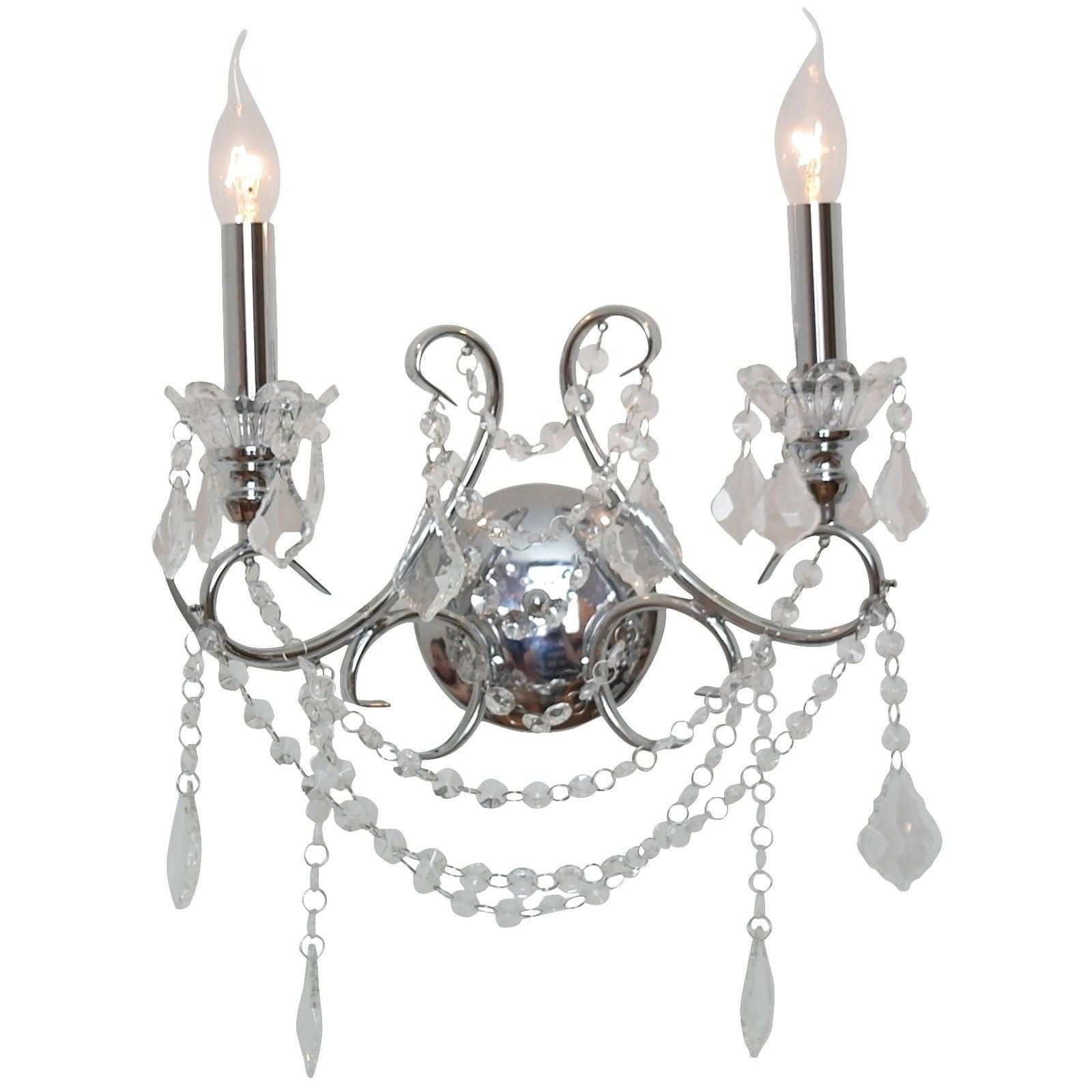 Chrome Colour 2 Arm Shallow Cut Glass Chandelier Style Wall Light